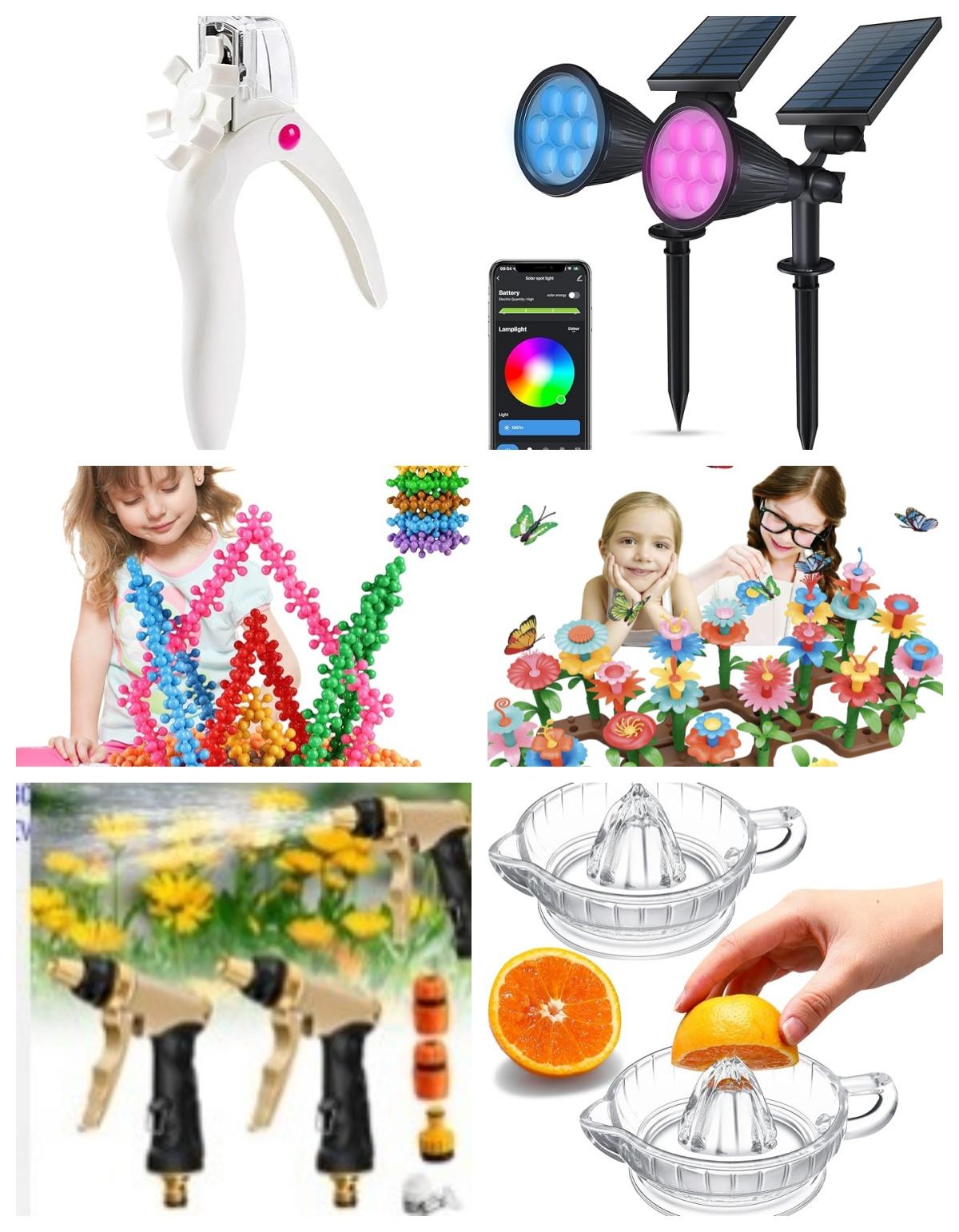Mixed pallet: Acrylic Nail Clipper , RGB Solar Spotlight, Garden Hose Nozzle Heavy Duty Metal,2 Pcs Clear Glass Lemon Squeezer, kids toys set