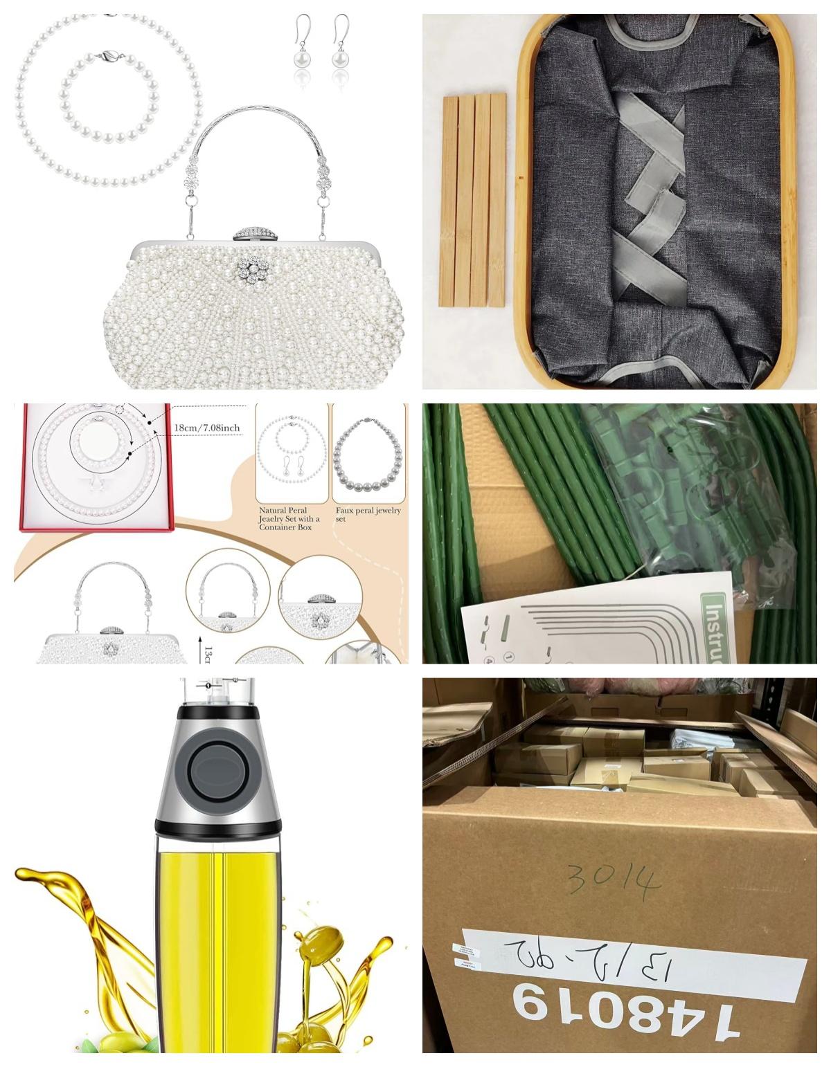 6pcs Greenhouse Hoops, 2 pcs Capacity Organizer Busket, 4 Pcs Women Pearl Clutch Bag and Shell Pearl Jewelry Set ,2 pcs Olive Oil Dispenser Bottle