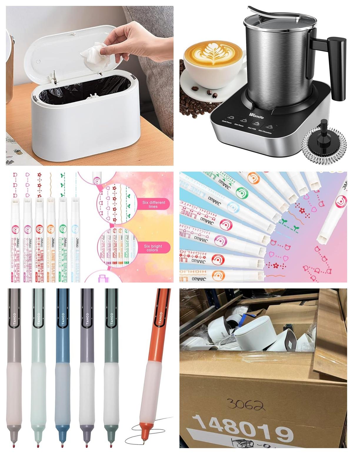 Mixed Pallet: Electric Milk Frother And Steamer , Mini Trash Can with Lid, 18Â Pcs Aesthetic Pens,Curve Line Markers Pens with 6 Different Curve Shape image