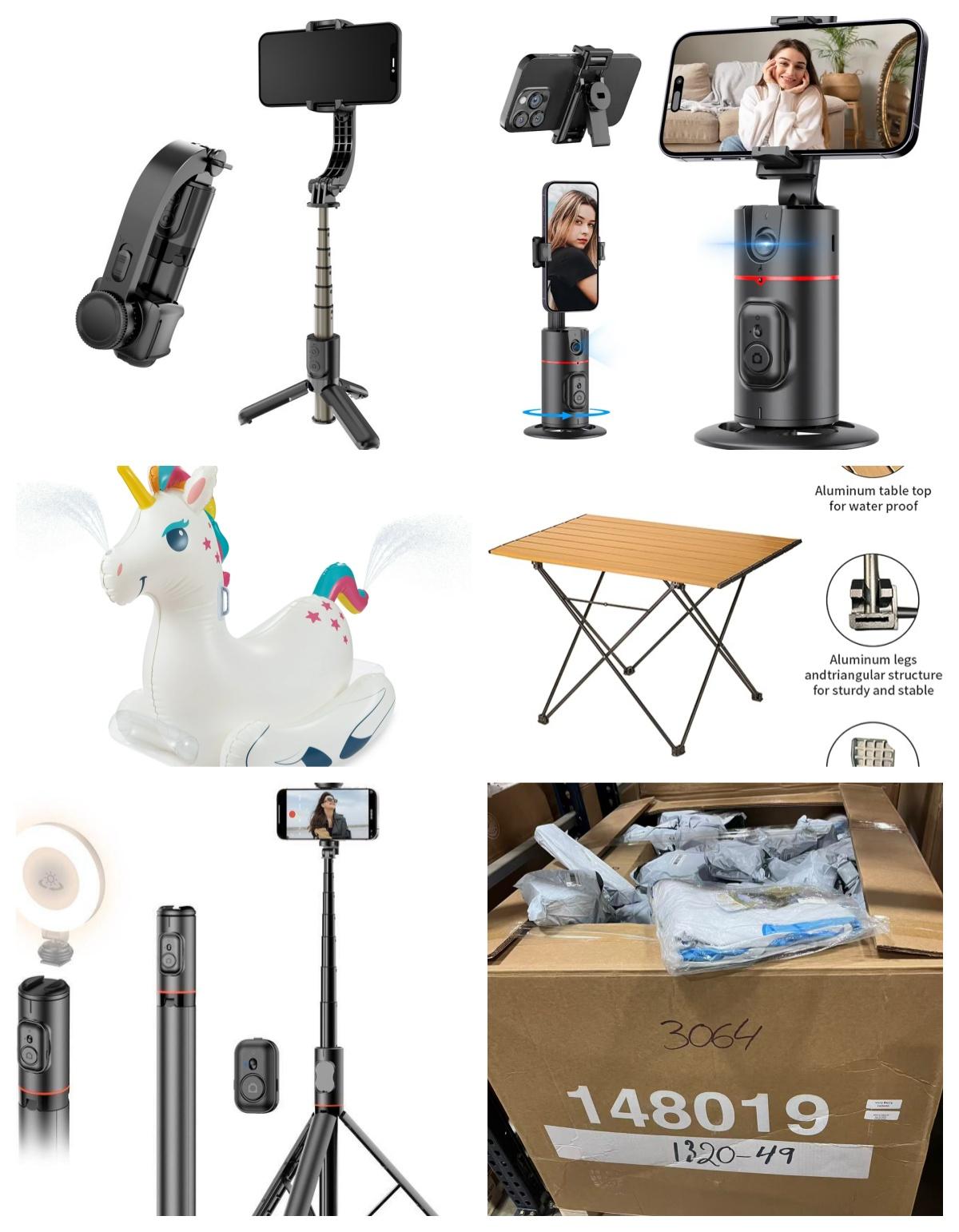 M,ixed Pallet:Â Unicorn Inflatable water sprinkler, Folding Camping Table, Tripod Stand with Wireless Remote Control image