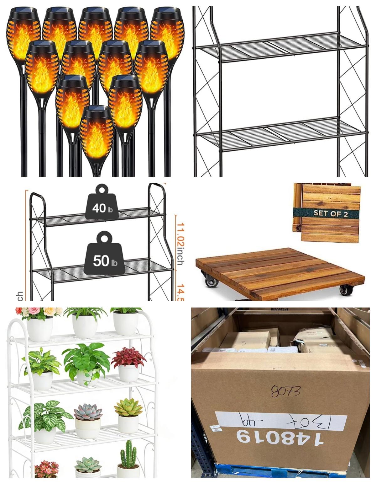 Mixed Pallet:30 pcs Solar Lights with Flickering Flame, 4 Tier Plant Stand Rack( White and Silver), 2 pcs set 14'' Square Plant Caddy image