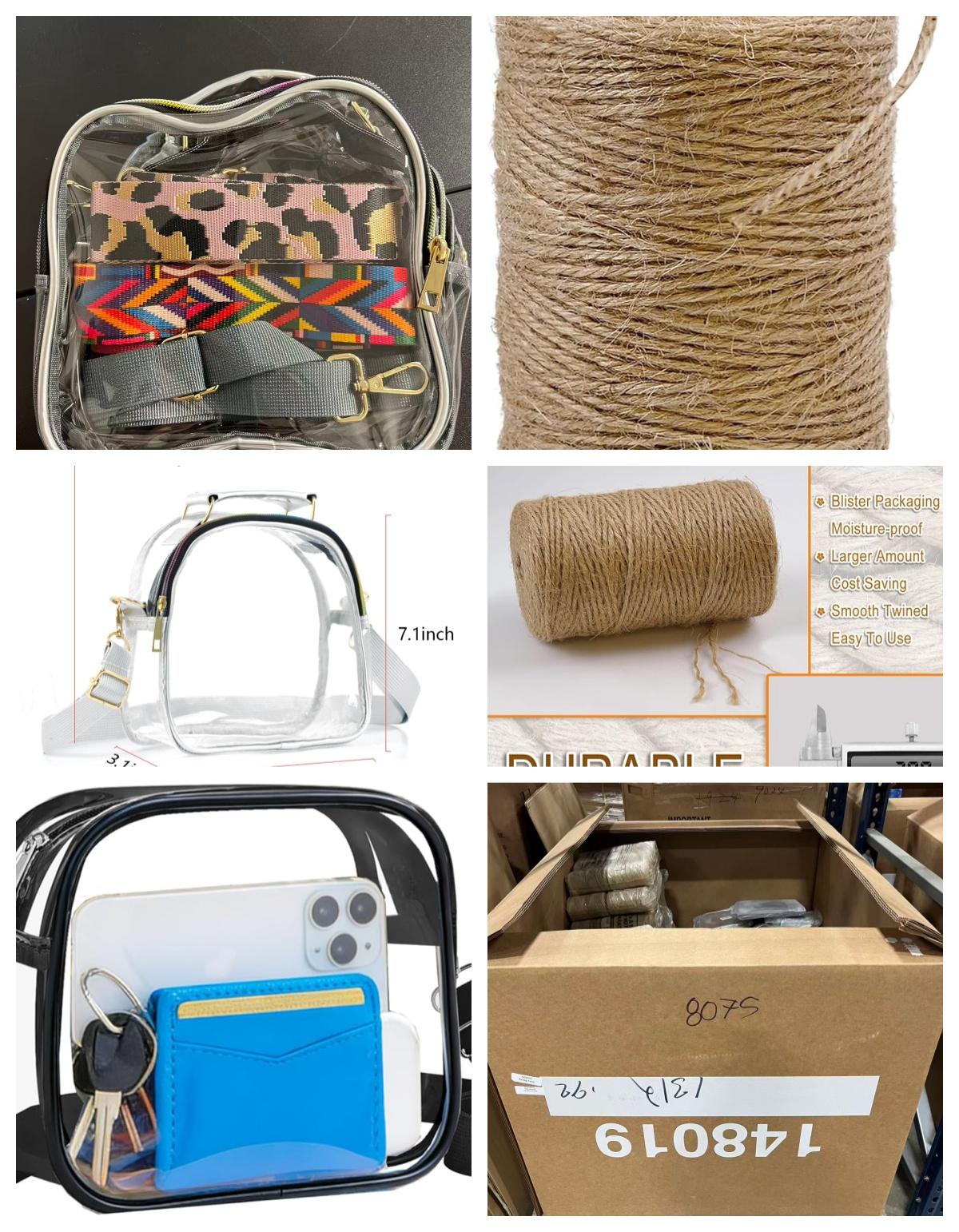 Mixed Pallet 656 Feet 3Ply Jute Twine String, Clear Bag with 3 Purse Strap Replacement, 6 Pcs Clear Bag Transparent Stadium