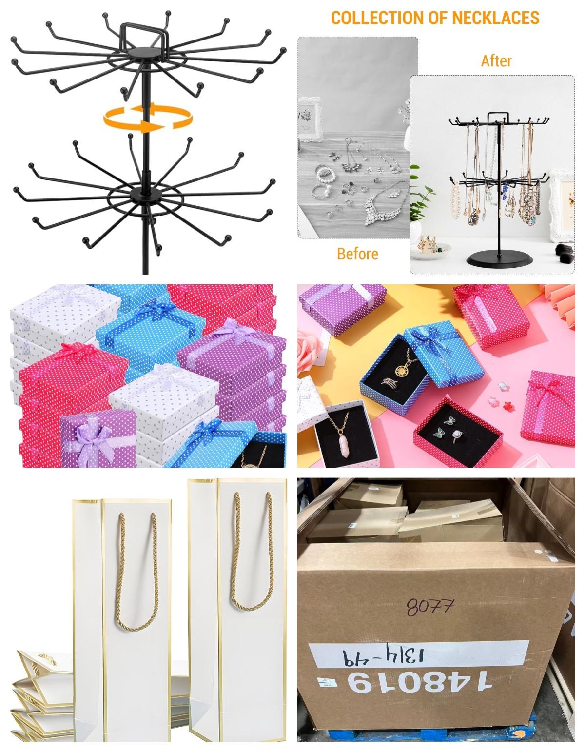 MIXED PALLET: Gold Foil White Wine Bottle Bags,4 PCS Jump ropes set ,2 Tier Black Metal Rotating Necklace tree stand ,48 pcs Jewelry Gift Boxes image