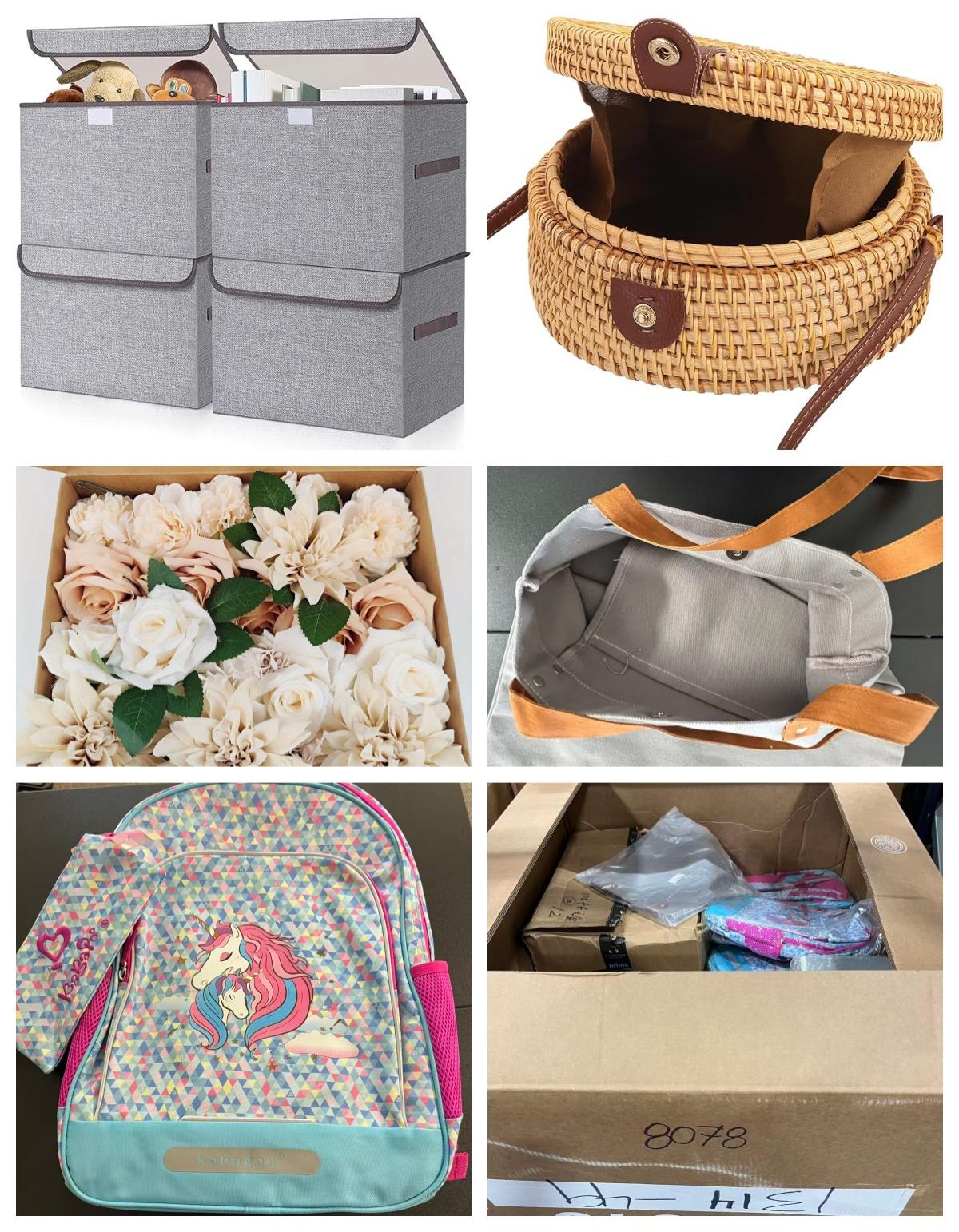 MIXED PALLET:4 pcs Large Fabric Foldable Storage Bin, Artificial Flowers Combo Box Set, Straw Crossbody Bag ,Girls Backpack, Tote Bag