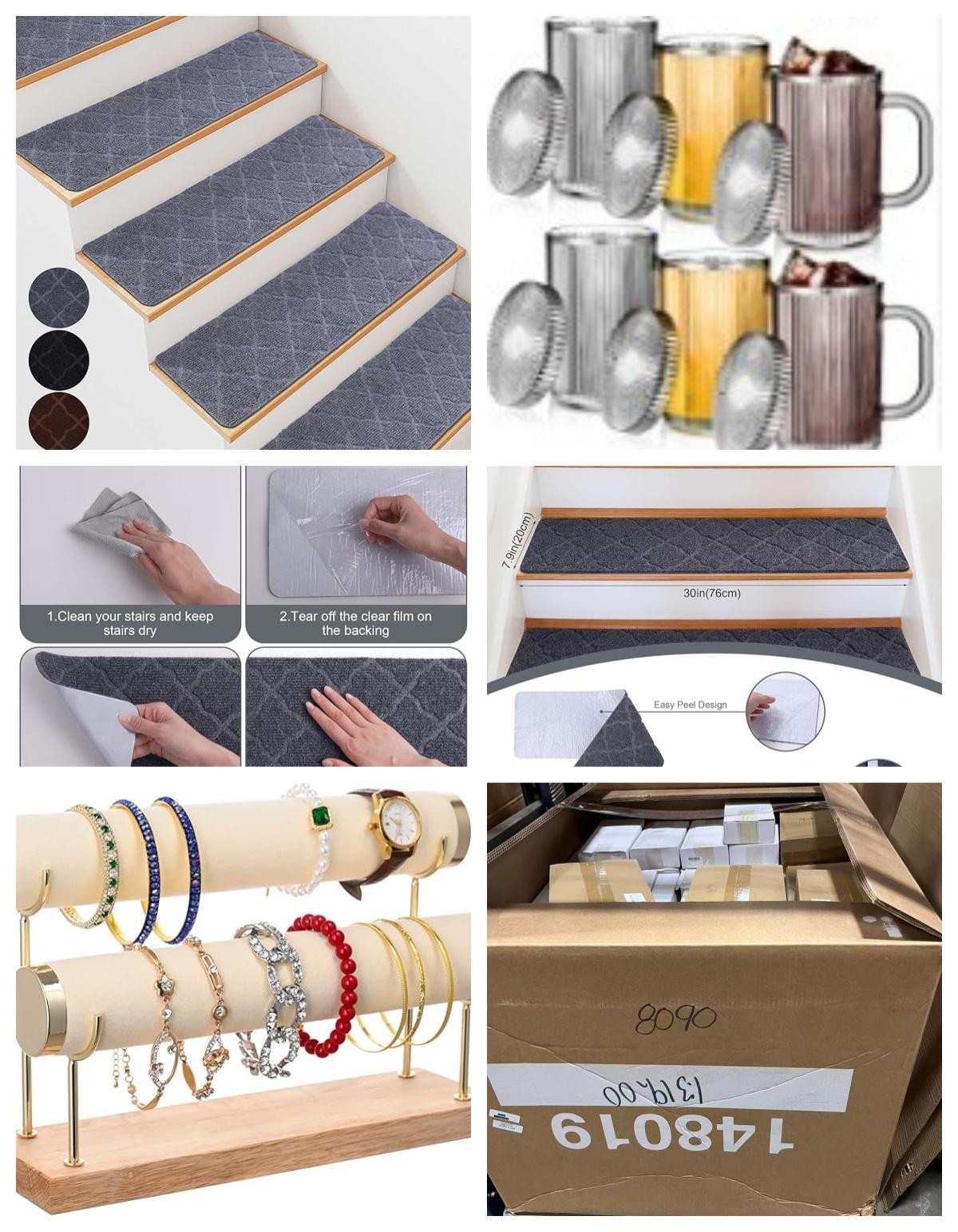 Mixed Pallet:Â 15 PCS Non Slip Stair Treads for Wooden Steps,Display Holder with T-bar Two Tier Bracelet Stand Storage,6 Pcs Glass Coffee Mugs image