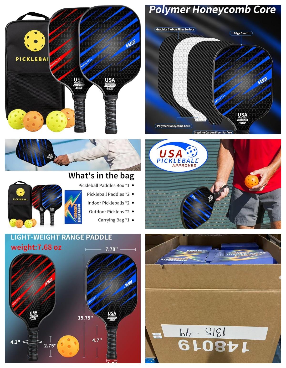 Pickleball Paddles Set of 2 - USAPA Approved, A Carbon Fiber Face, Honeycomb Pickleball Rackets with 2 Pickleball Racquets, 4 Balls and a Portable Car image