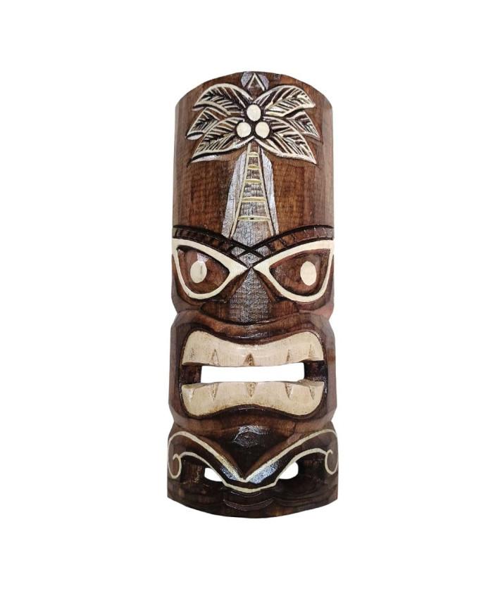 12 INCH Hand-Carved Hawaiian Tiki Mask Statue with Palm Tree – Polynesian Wooden Décor image