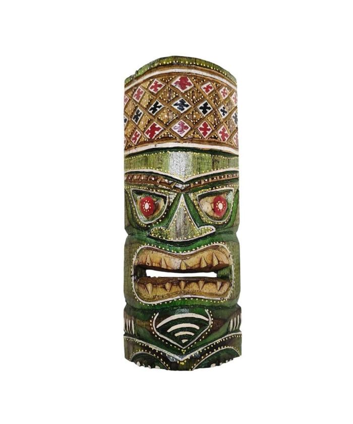 12 INCH Hand-Carved Hawaiian Tiki Mask Statue with Palm Tree – Polynesian Wooden Décor image