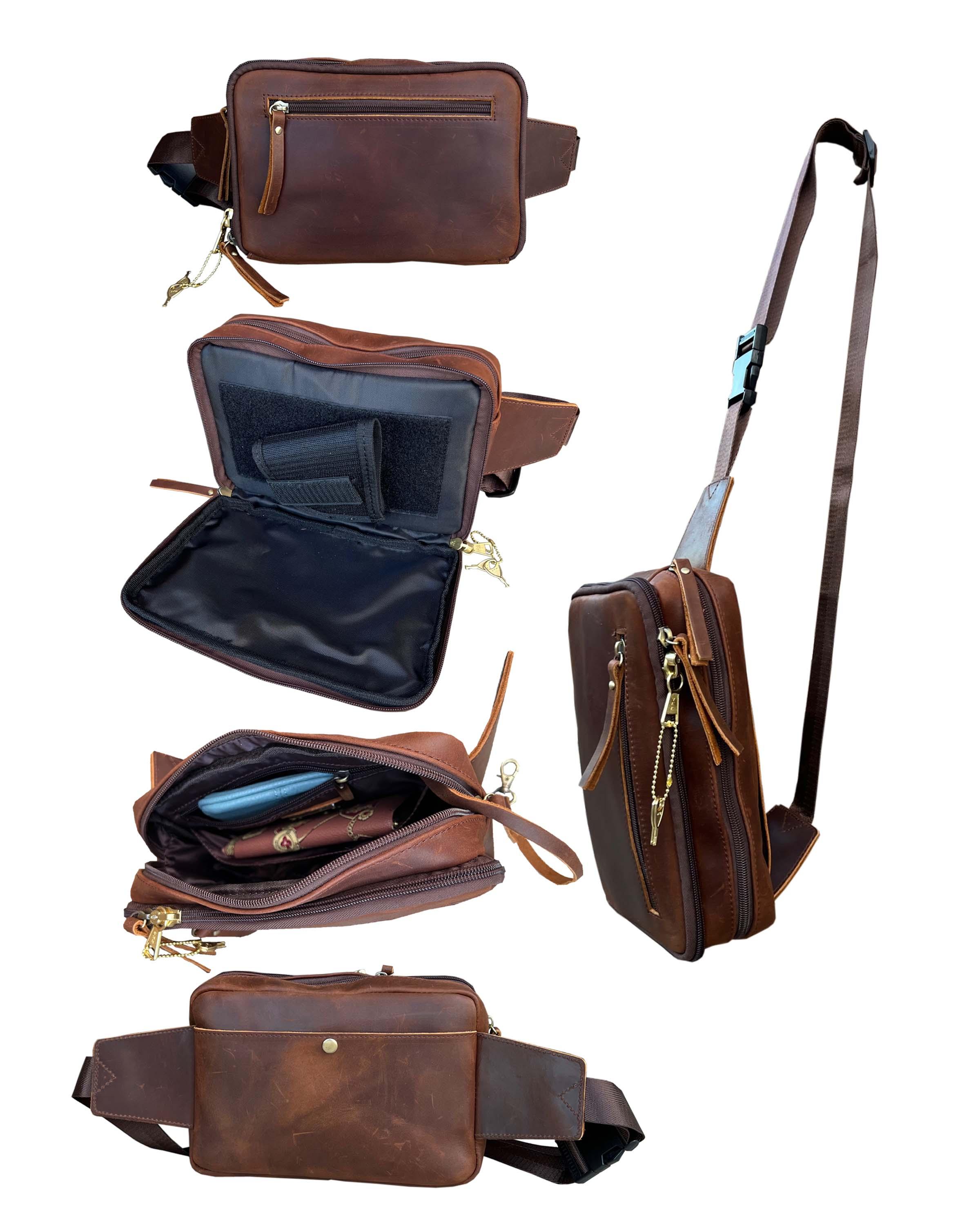 7073 BN-Vintage leather concealed carry fanny pack