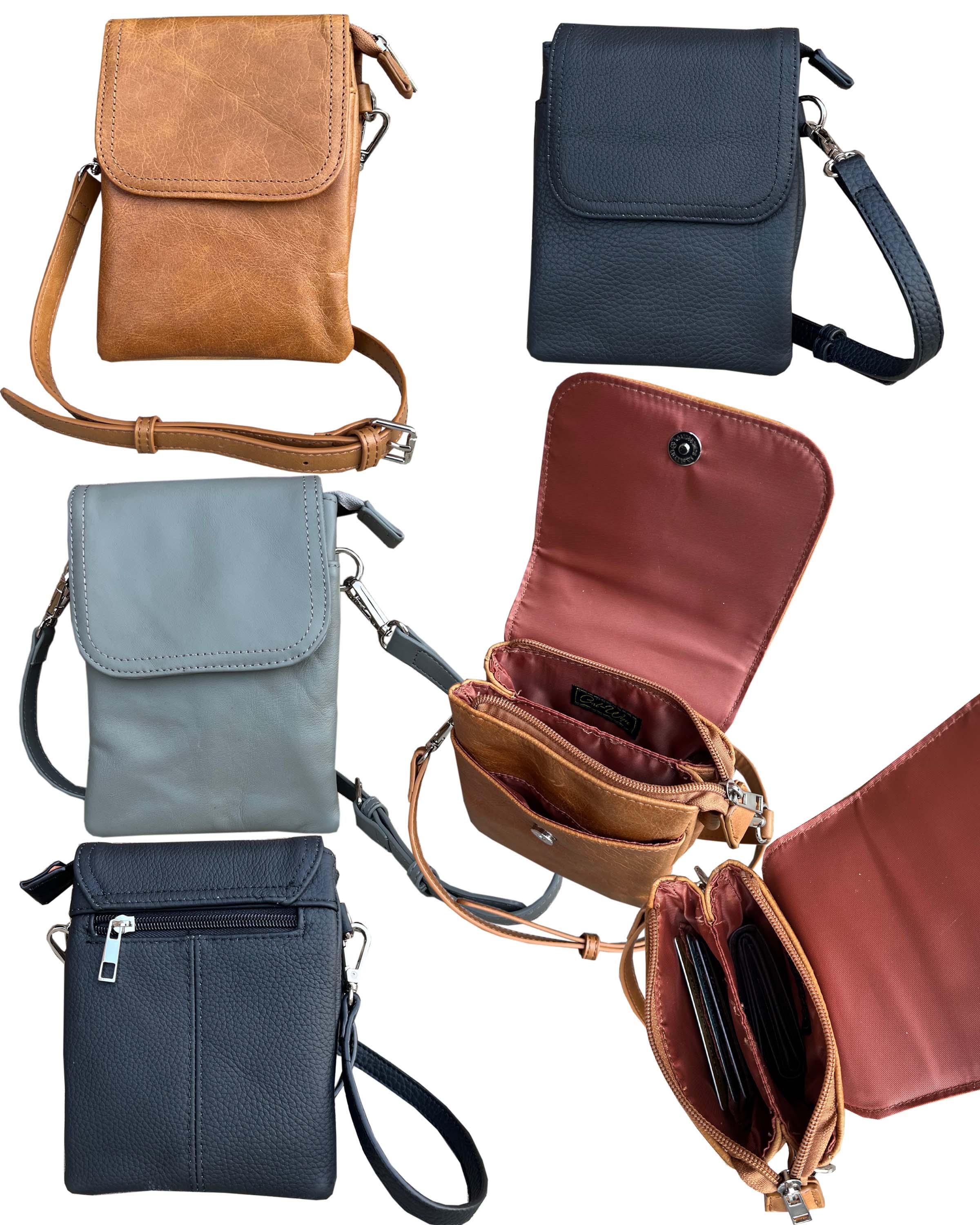 W010 BK Cowhide leather crossbody shoulder bag with phone pocket and credit card slots