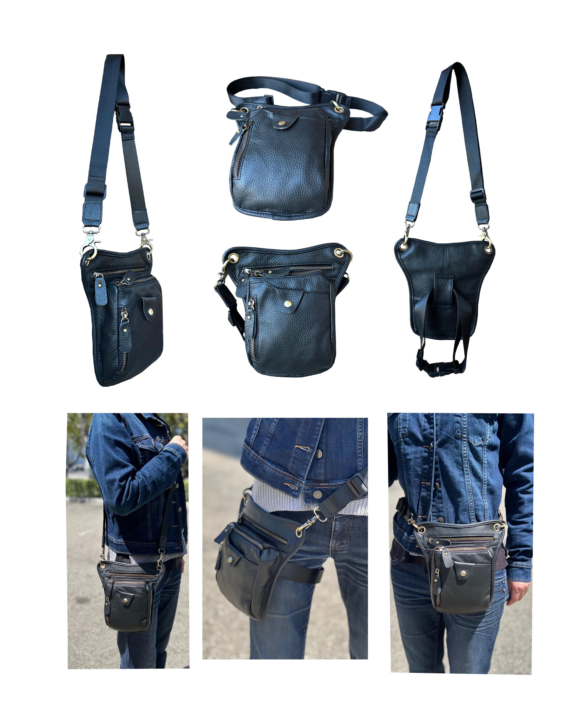 W027 BK-Cowhide crossbody shoulder bag fanny pack leg bag image