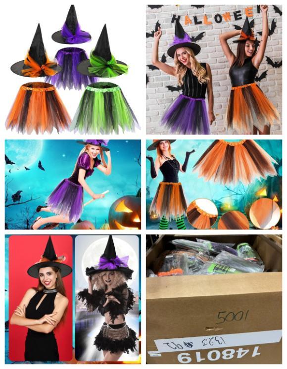 3 Pcs Halloween Tutu with Witch Broom, GREEN,PURPLE,ORANGE