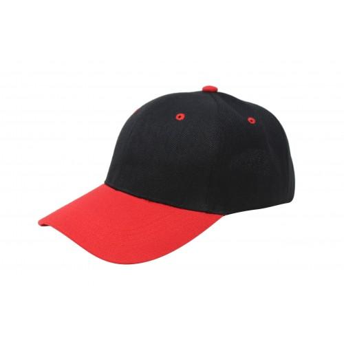 Black/Red Two-Tone Baseball Caps, Pro Style, DOZEN PRICED and PACKED. image