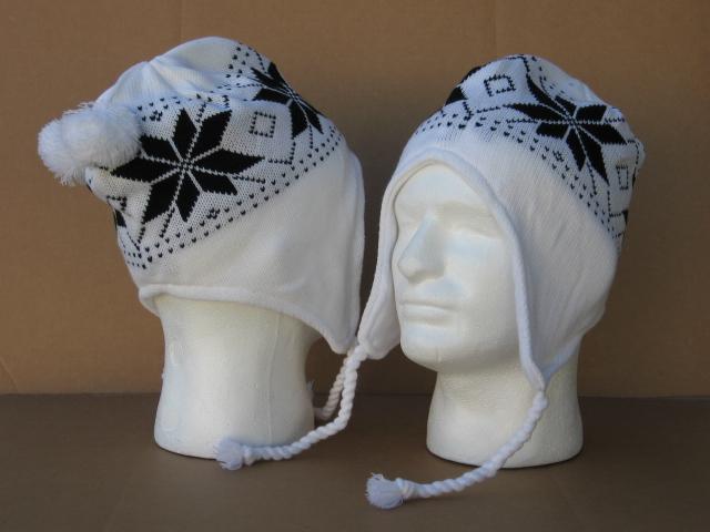 White/Black Snowflake Earflap Beanies- DOZEN PRICED and PACKED. image