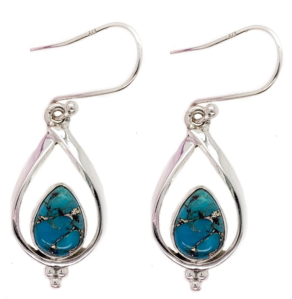 Genuine Copper Turquoise Sterling Silver Tear Drop Indian Earrings image