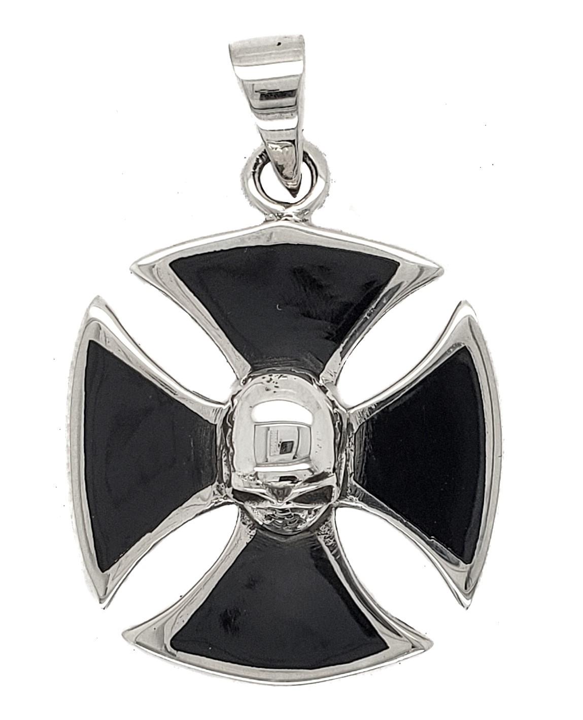 Sterling Silver Skull Square Cross Pendant with Black Onyx image