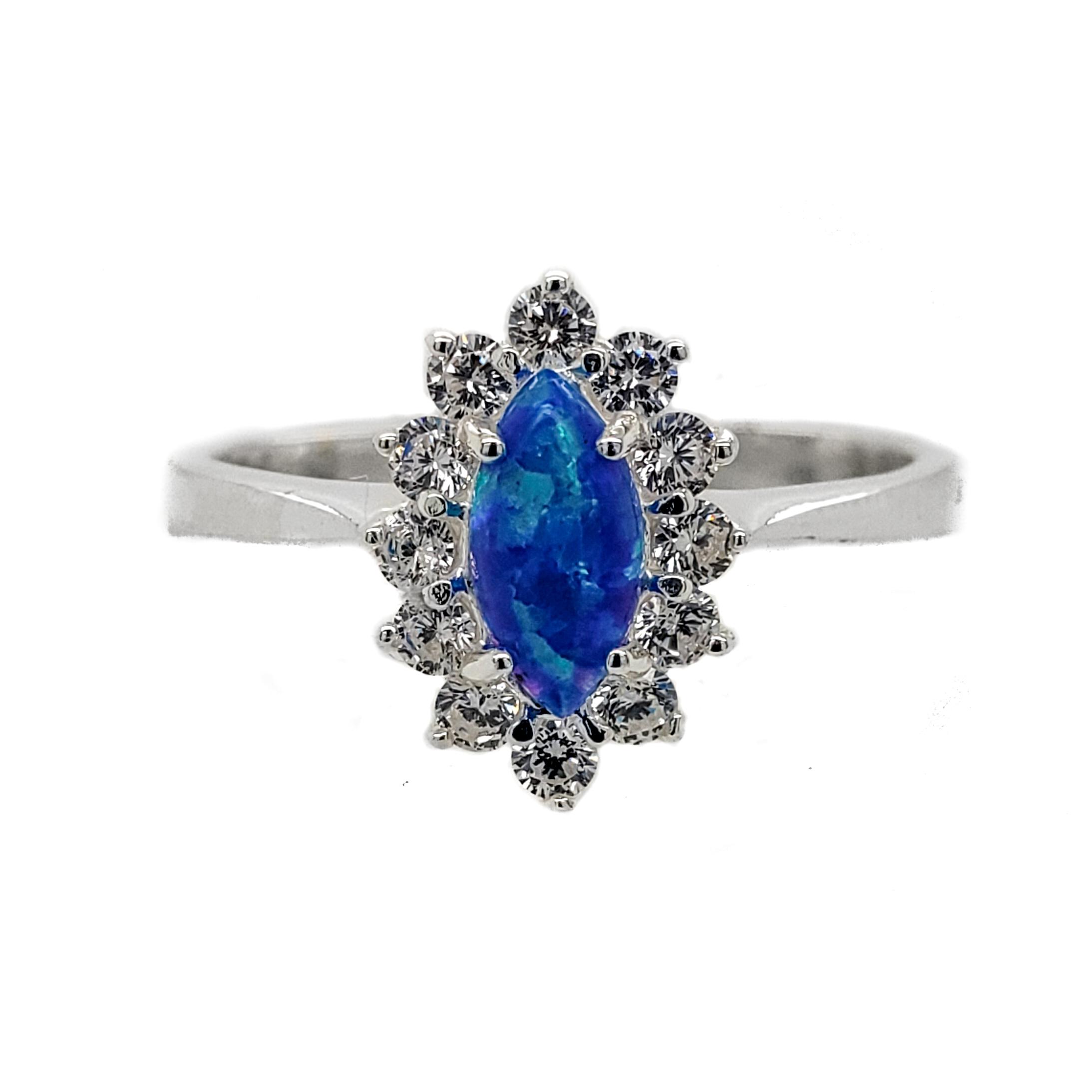 Sterling Silver Created Blue / White Opal Oval Ring with Clear CZ image