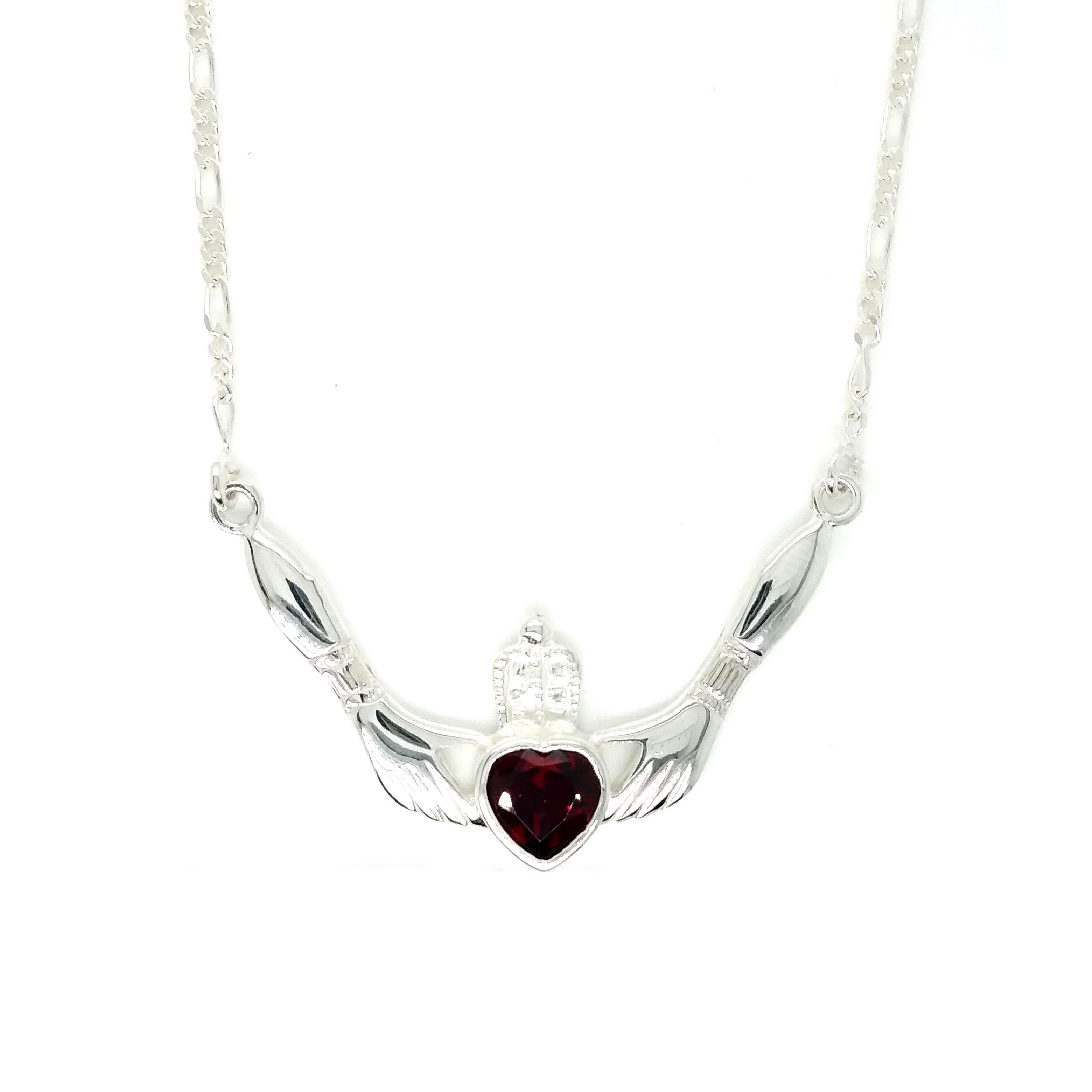 Sterling Silver Adjustable (17.5 to 19 inches) Claddagh Necklace with Genuine Faceted Garnet image