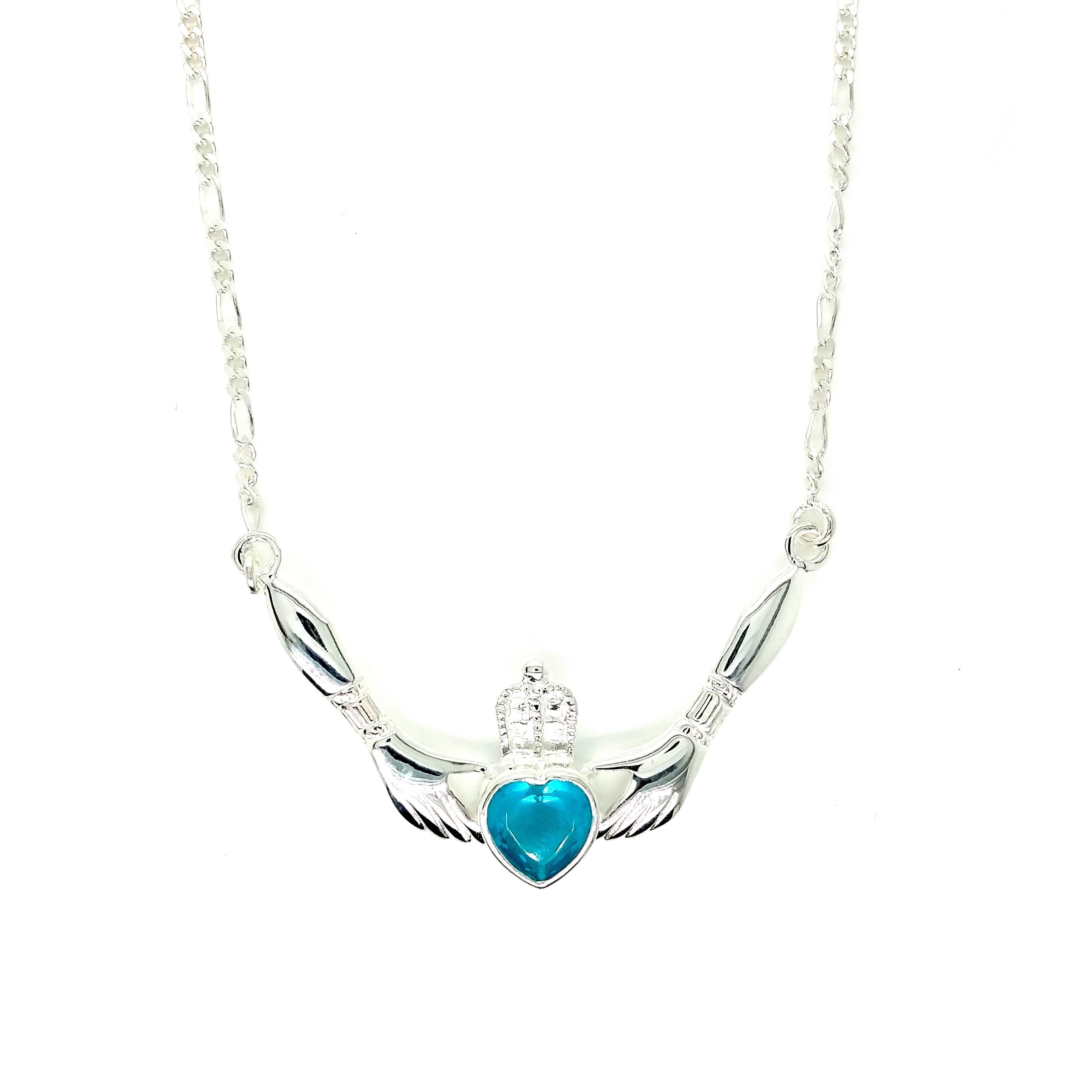 Sterling Silver Adjustable (17.5 to 19 inches) Claddagh Necklace with Blue Topaz CZ image