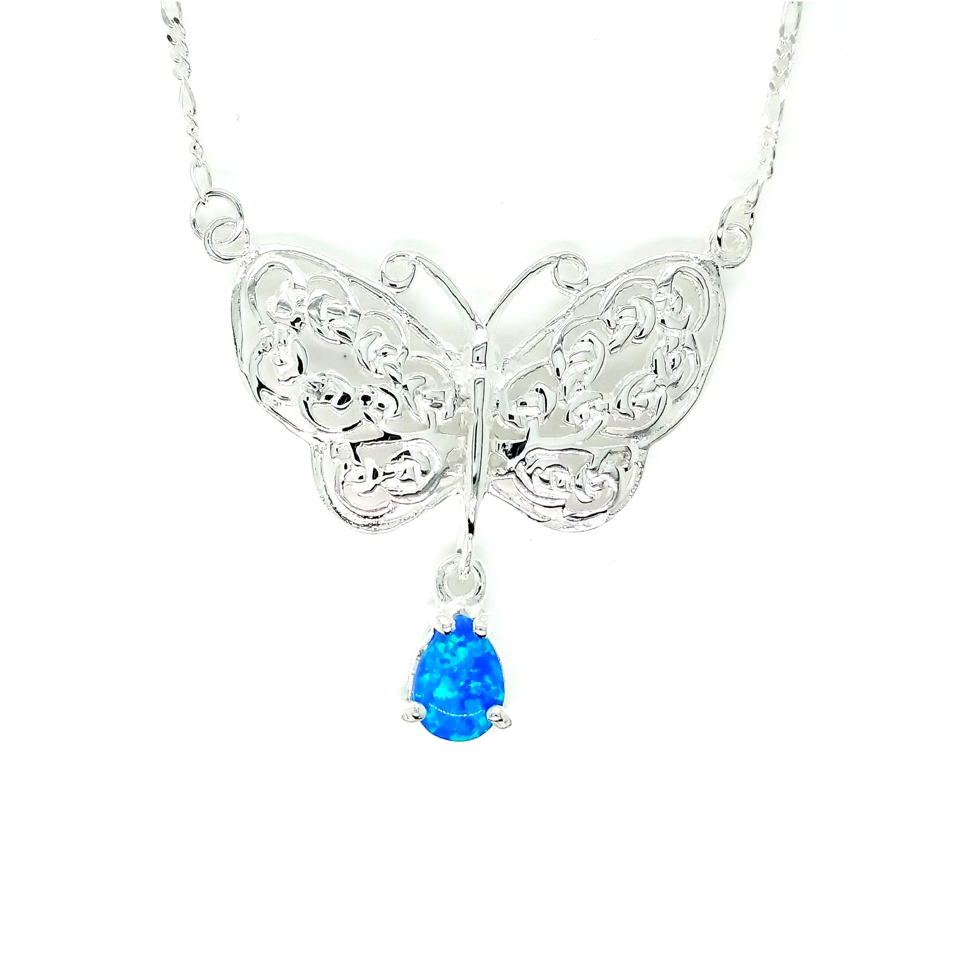 Sterling Silver Adjustable Created Opal (Blue / Light Blue) Butterfly Necklace (16.25 to 17.25 inches) image