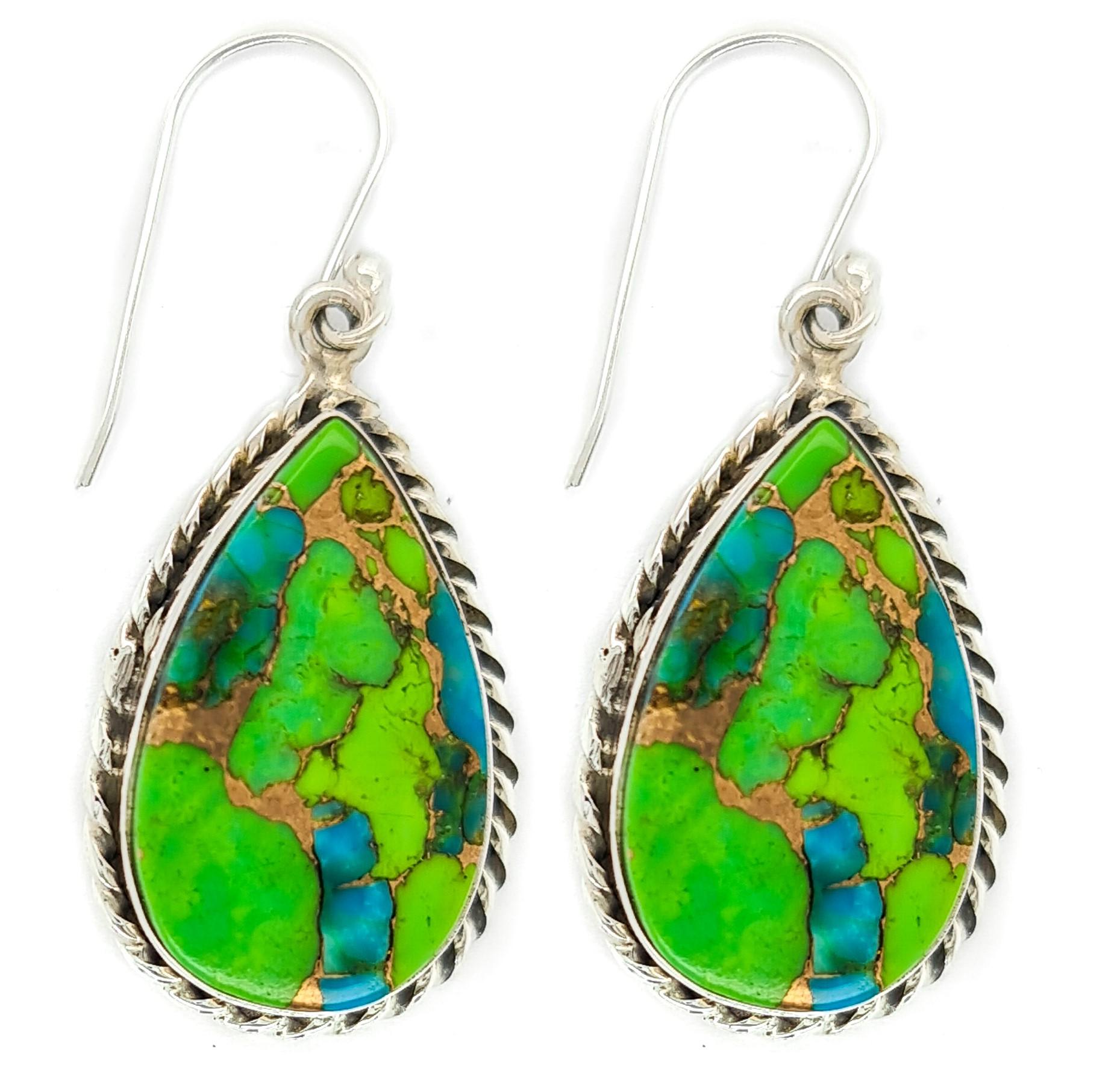 Sterling Silver Tear Drop Green Copper Turquoise Gemstone Earrings (INDE-310) image