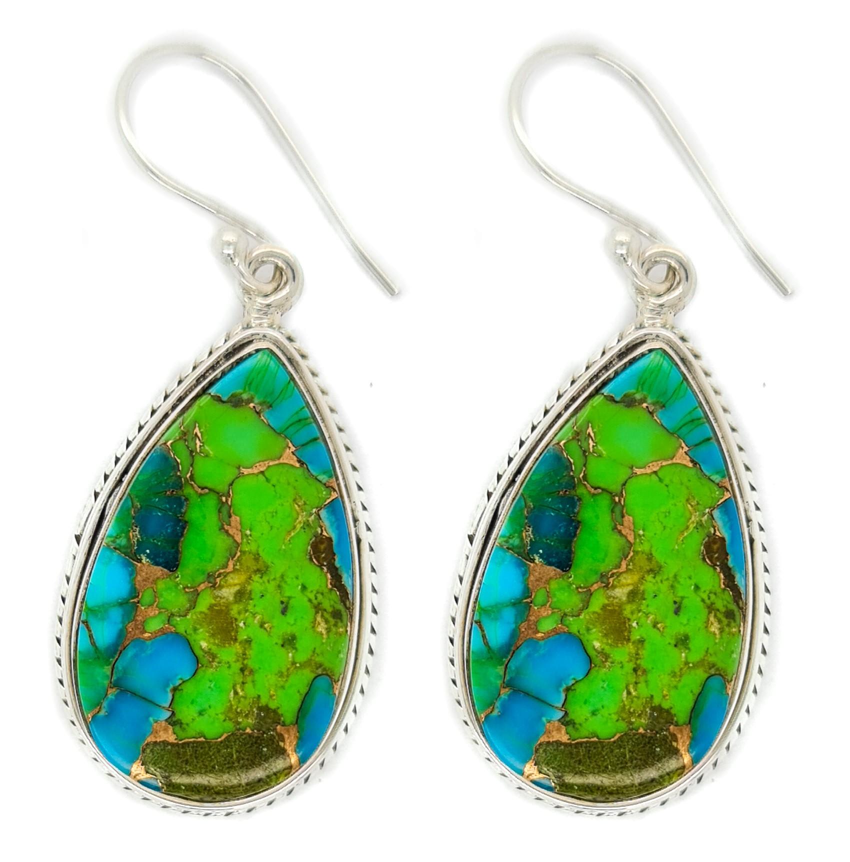 Sterling Silver Tear Drop Green Copper Turquoise Gemstone Earrings (INDE-309) image