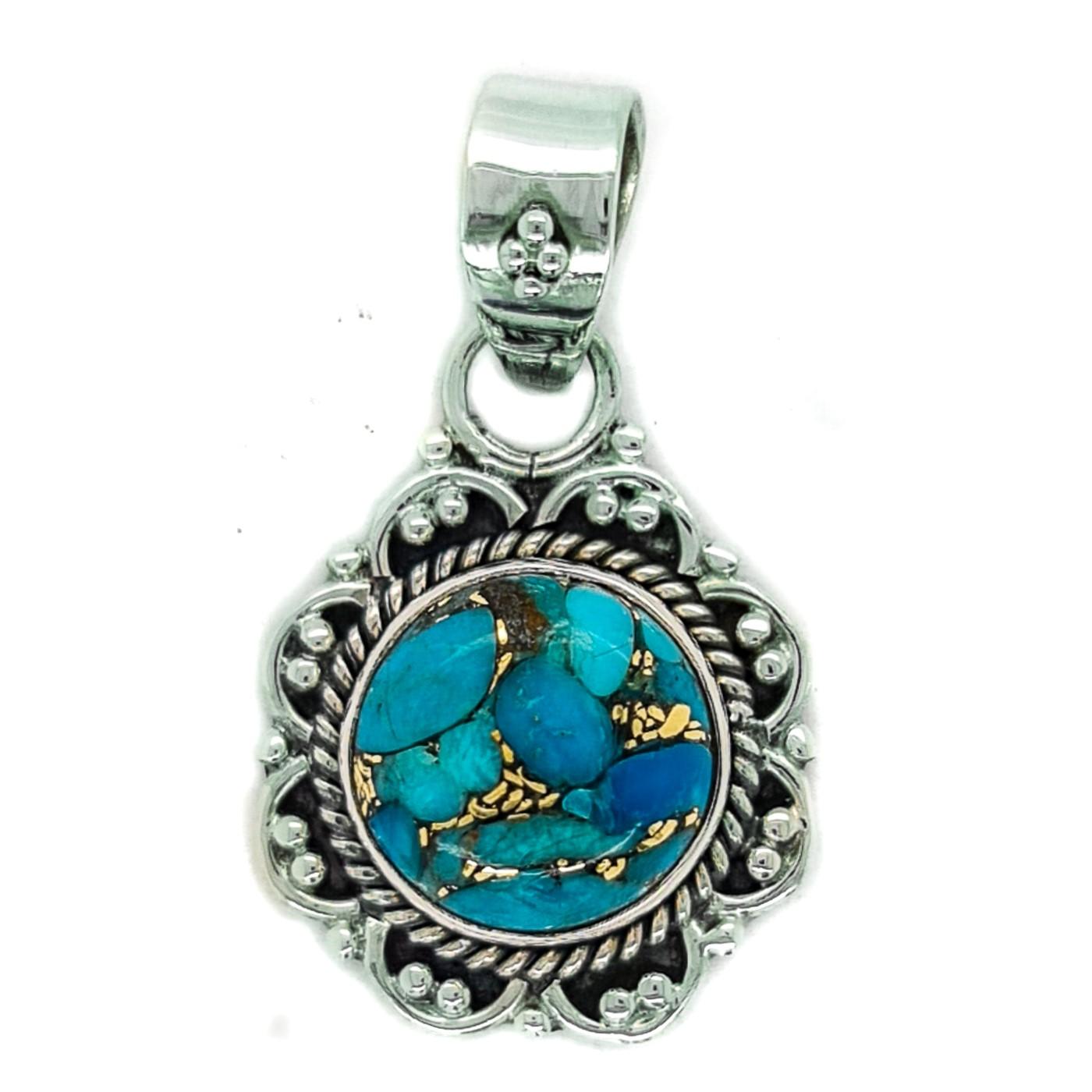 Sterling Silver Round Copper Turquoise Indian Gemstone Pendant image