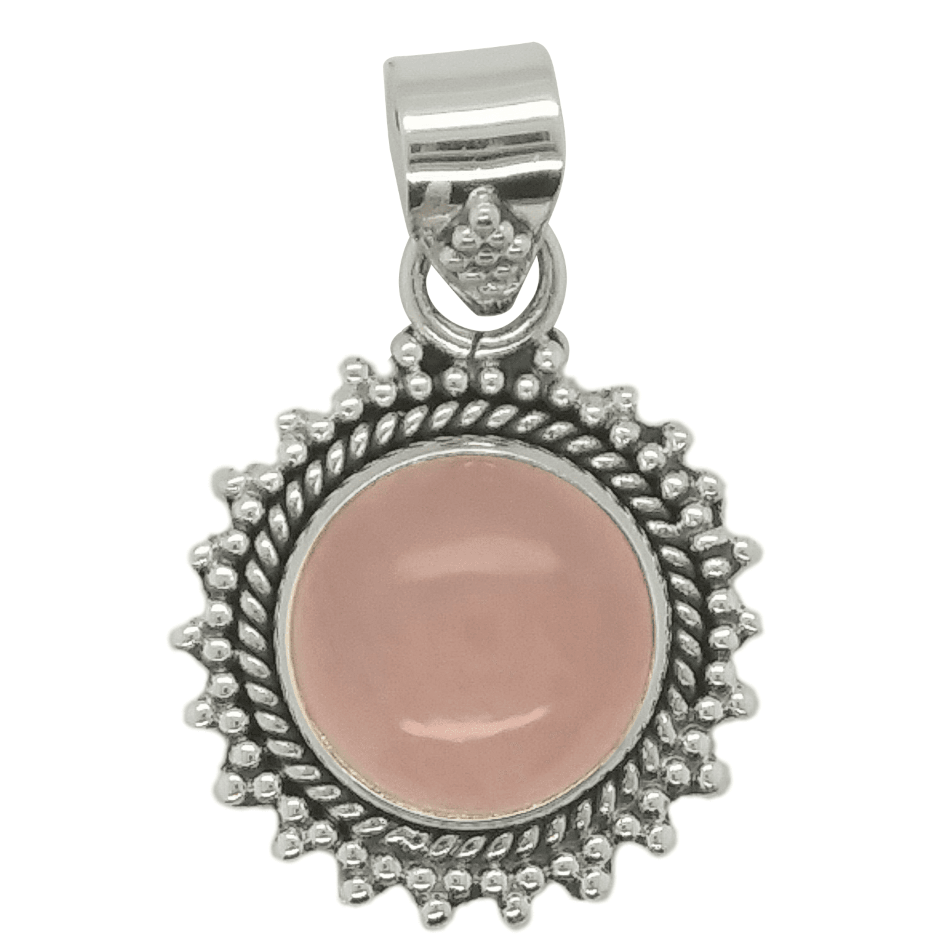 Sterling Silver Round Rose Quartz Indian Gemstone Pendant image