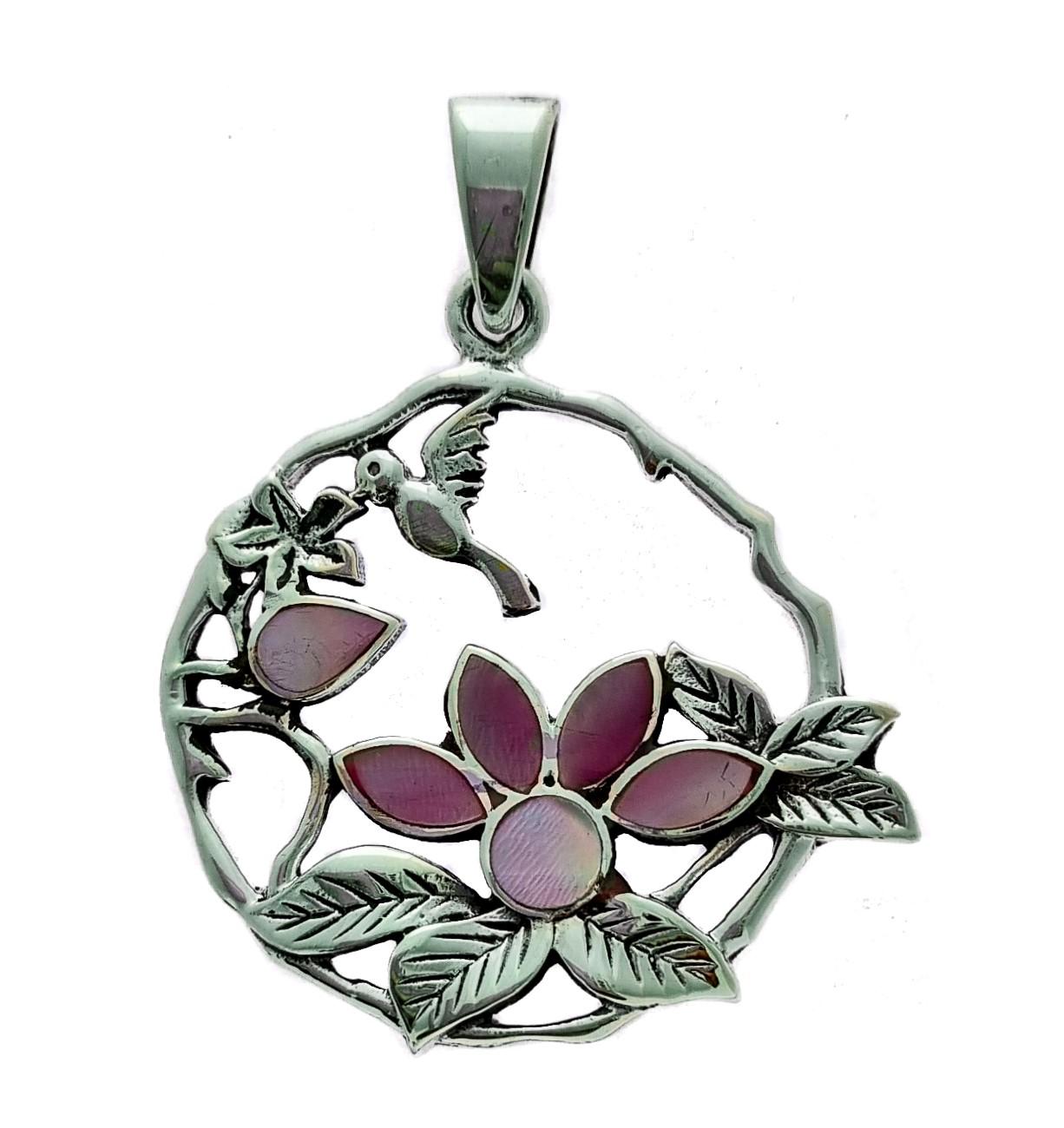 Sterling Silver Bird & Flowers Pink Shell Pendant image