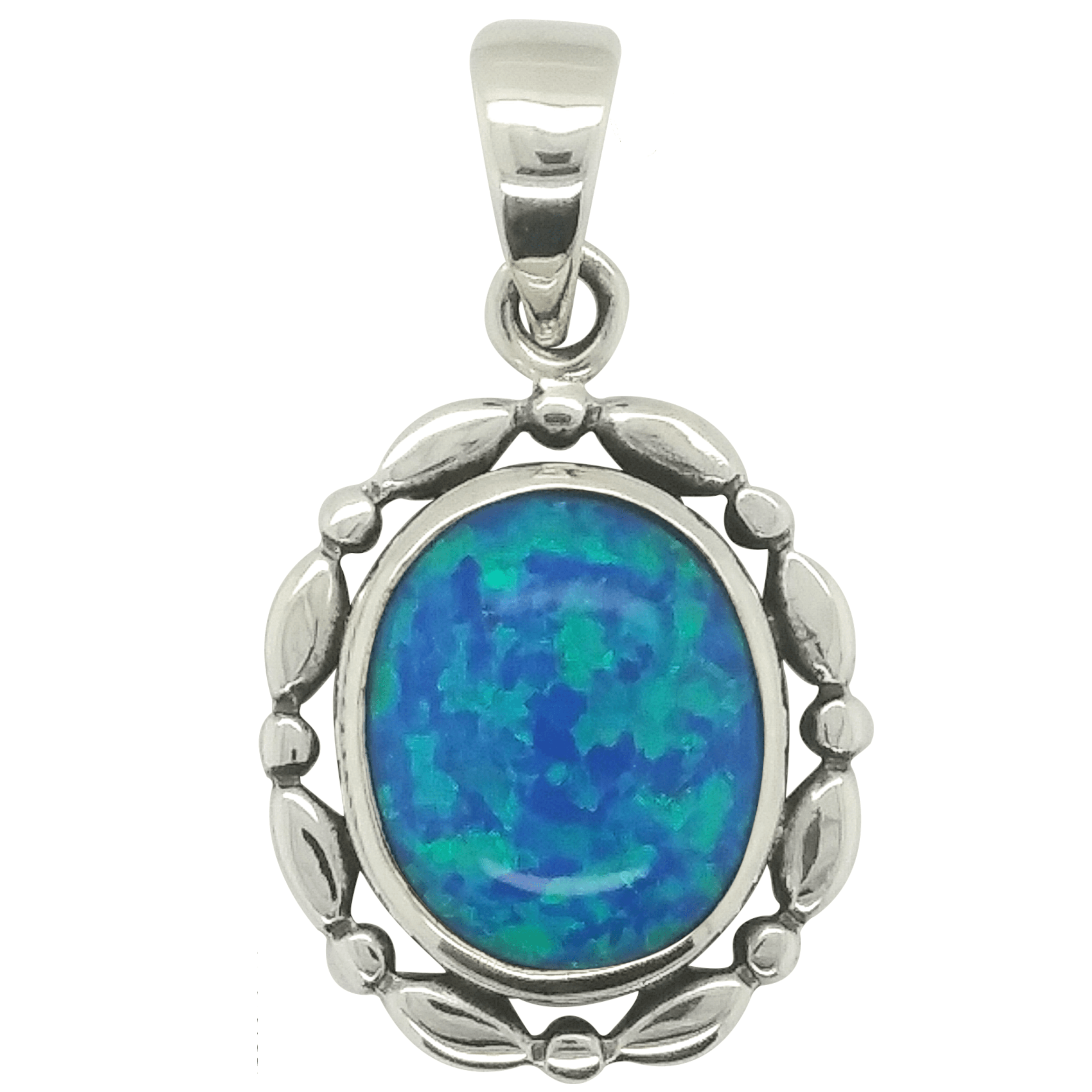 Sterling Silver Blue / White Created Opal Oval Pendant image