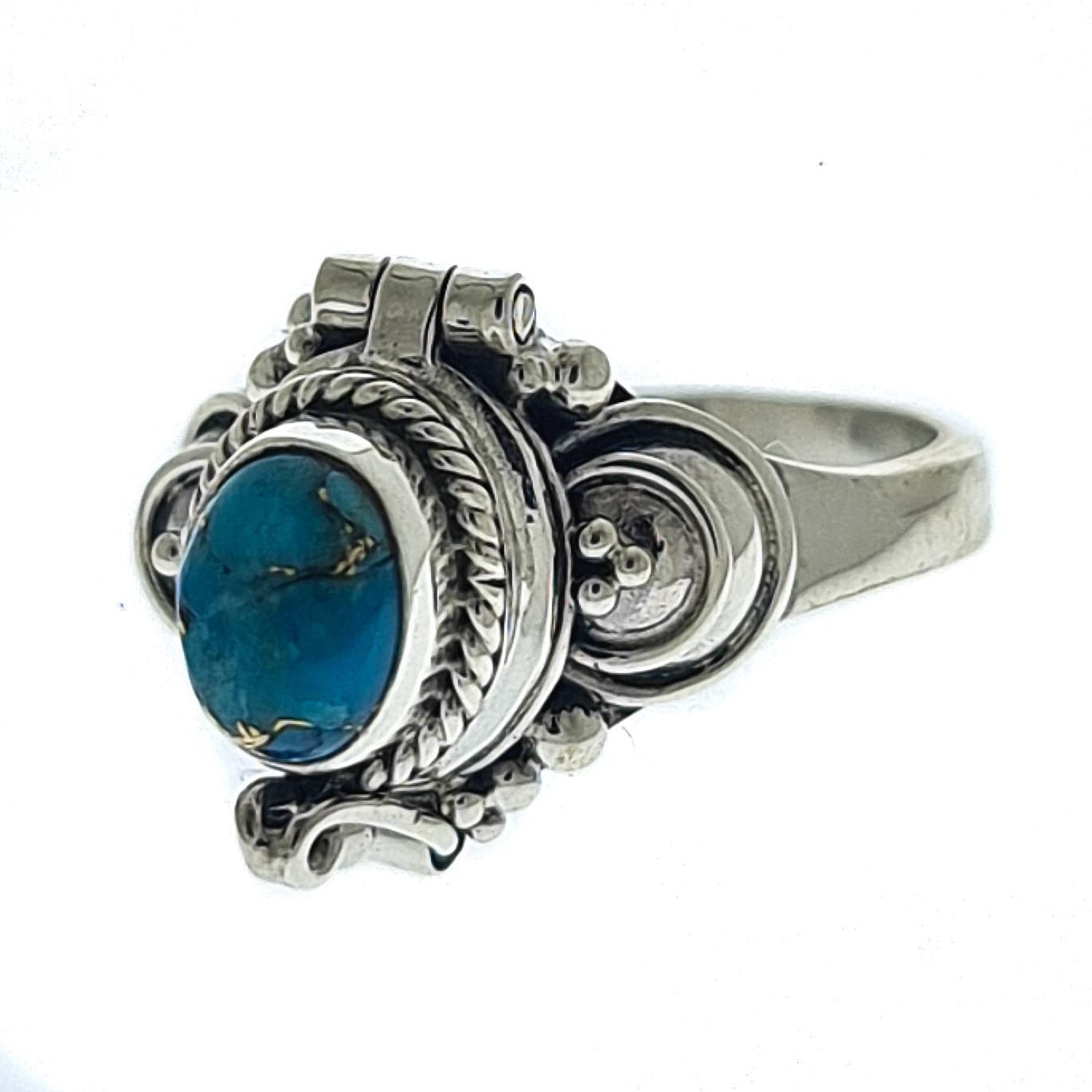 Handmade Sterling Silver Balinese Poison Ring with Genuine Oval Copper Turquoise (5x7mm) image