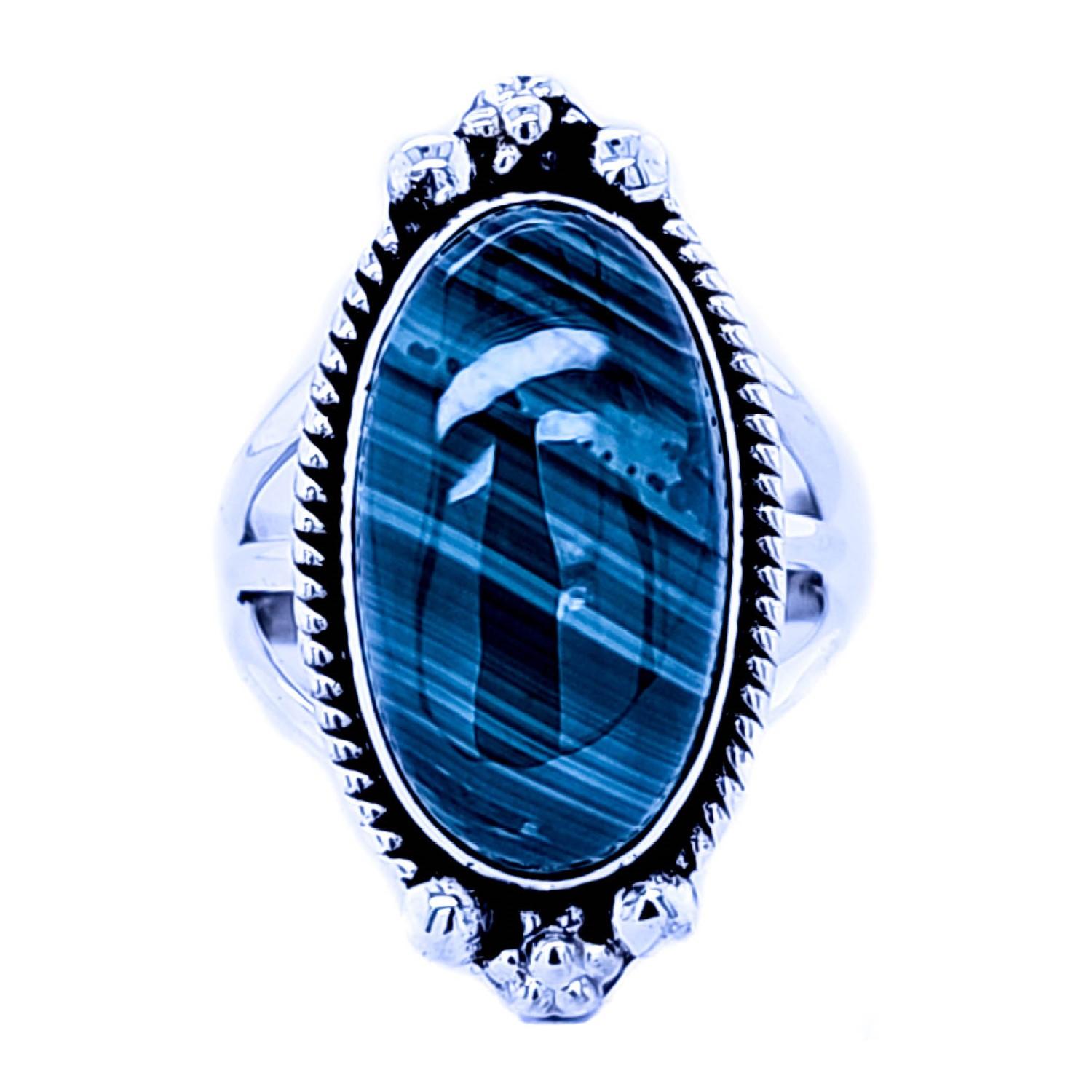 Sterling Silver Vintage Design Rope Bezel Ring with Genuine Oval Cabochon Malachite image