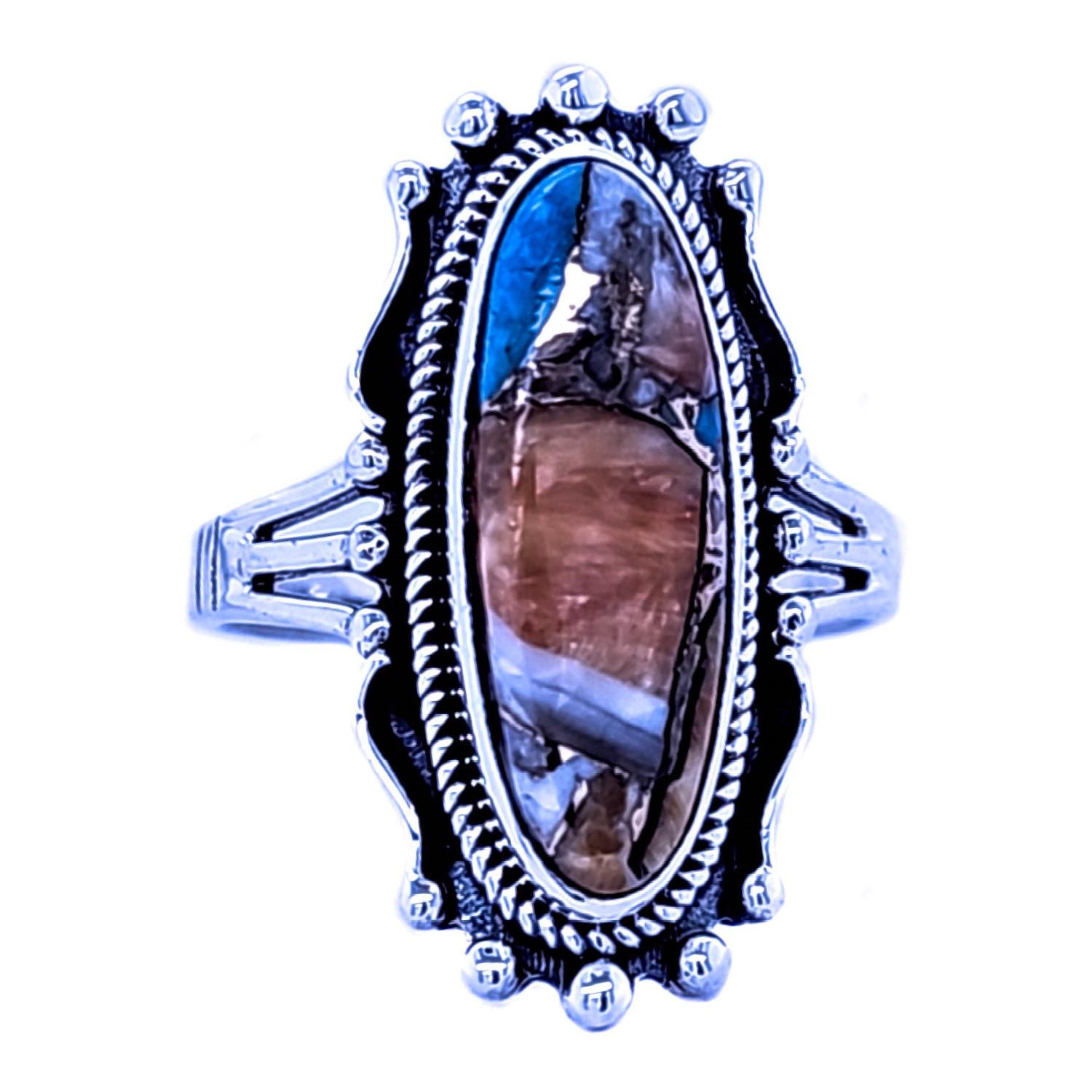 Sterling Silver Elongated Vintage Design Ring with Genuine Cabochon Oval Spiny Oyster Turquoise image