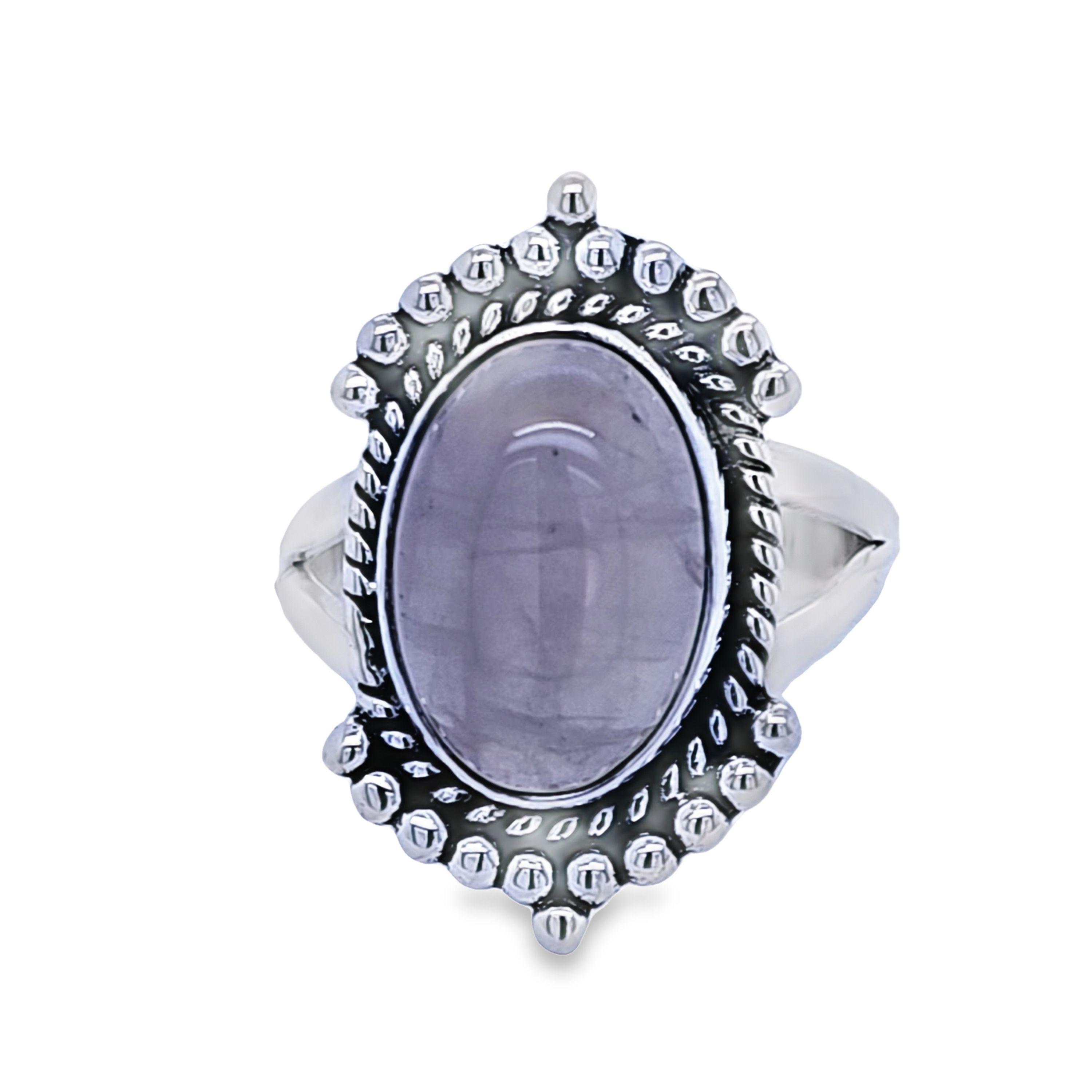 Sterling Silver Rose Quartz Ring - Beaded Oval Design image