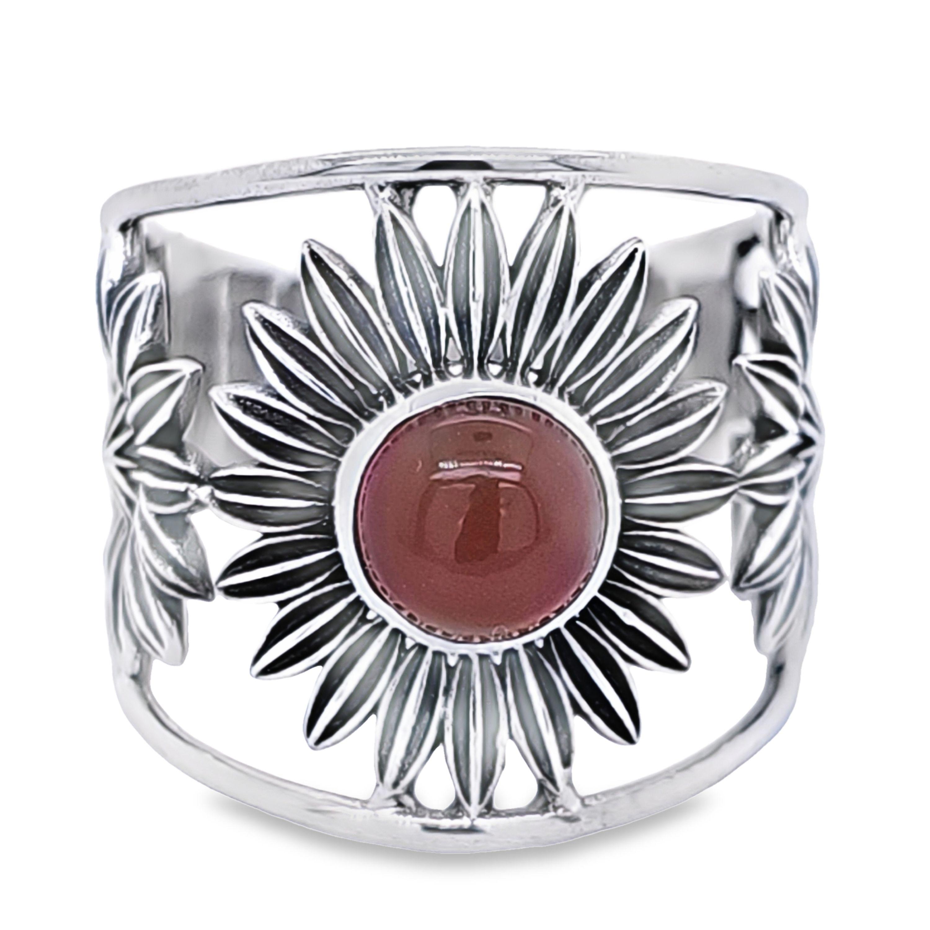 Sterling Silver Floral Ring with Genuine Cabochon Carnelian image