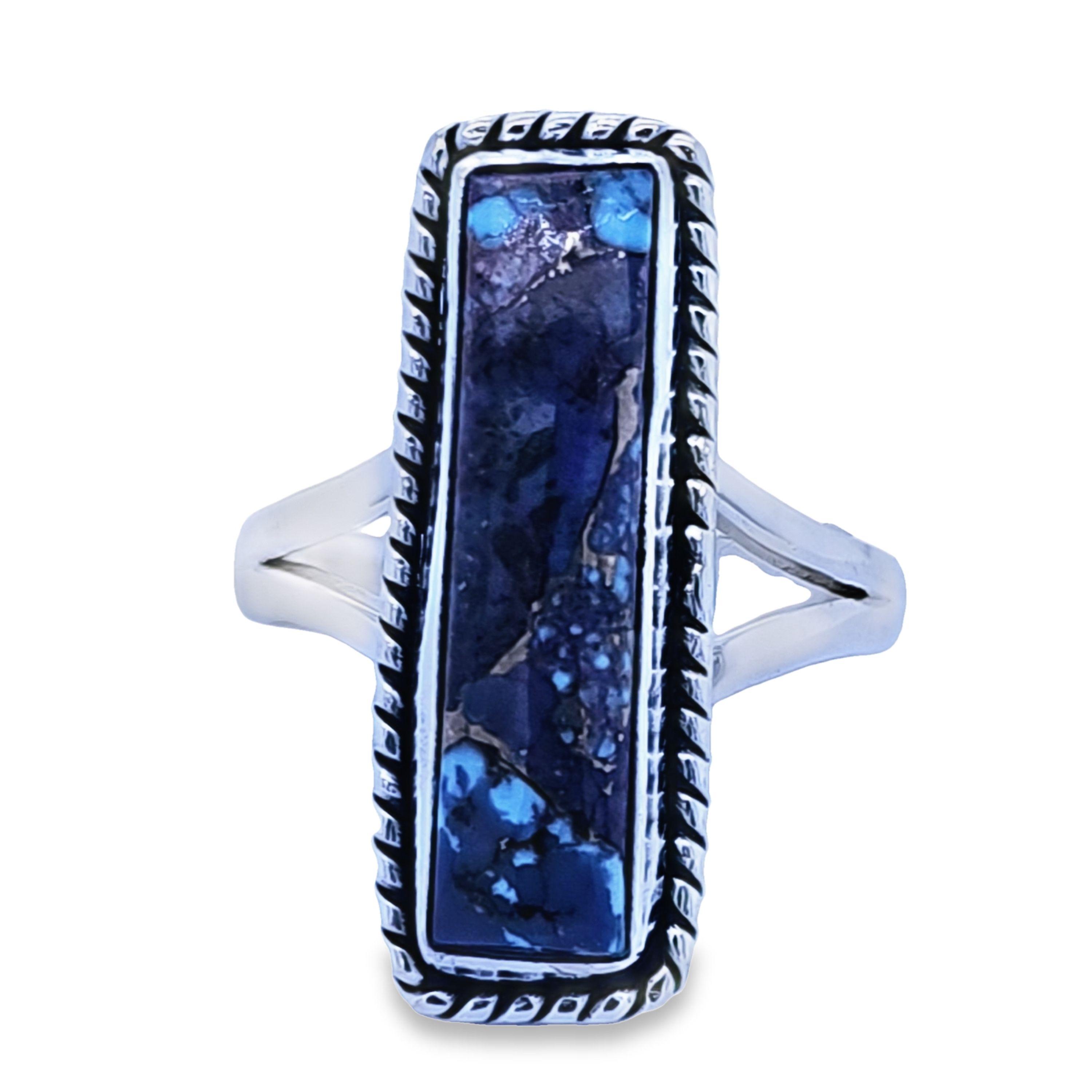 925 Sterling Silver Elongated Rectangular Genuine Copper Turquoise Ring (INDR-851) image