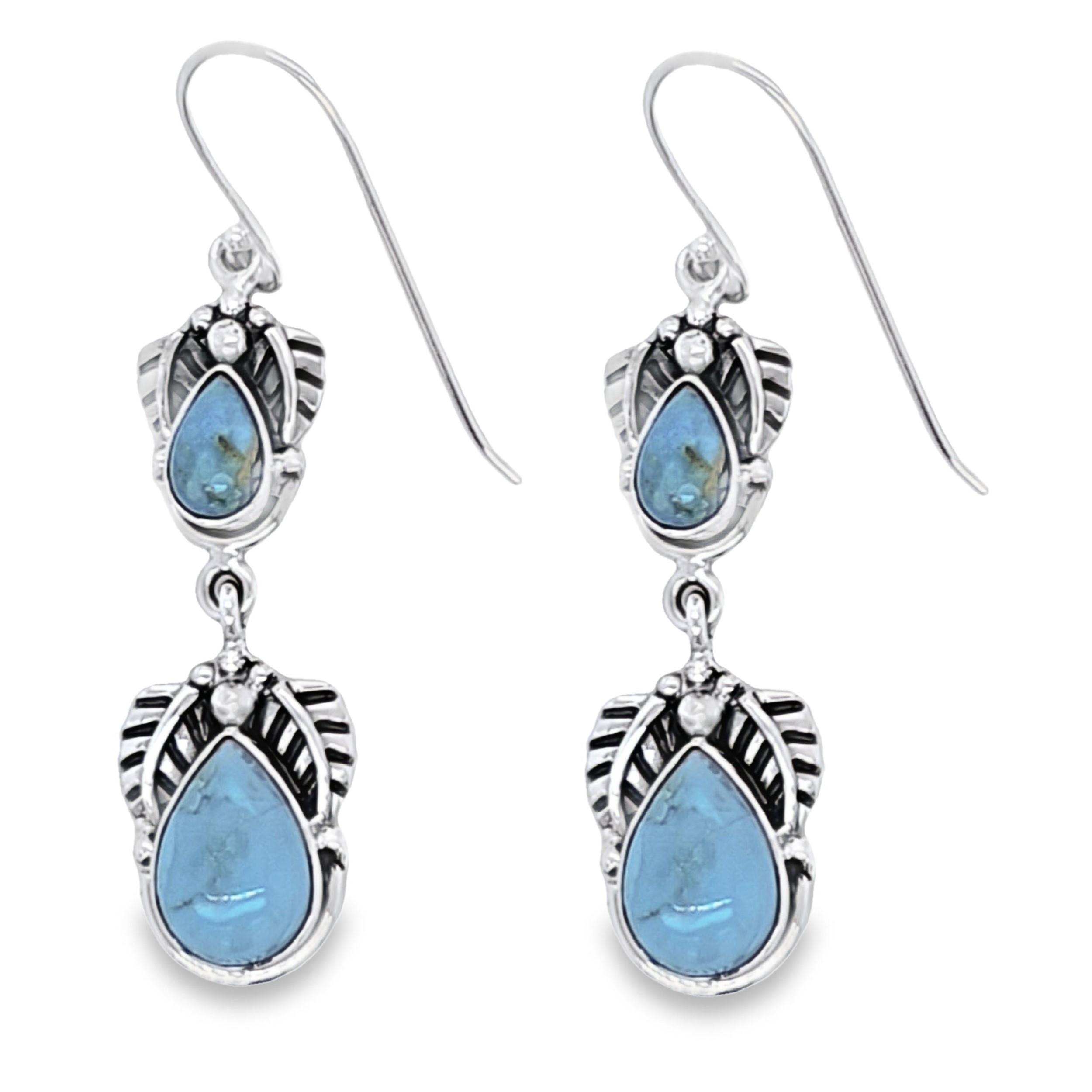 Genuine Cabochon Tear Drops Kingman Turquoise 925 Sterling Silver Earrings image