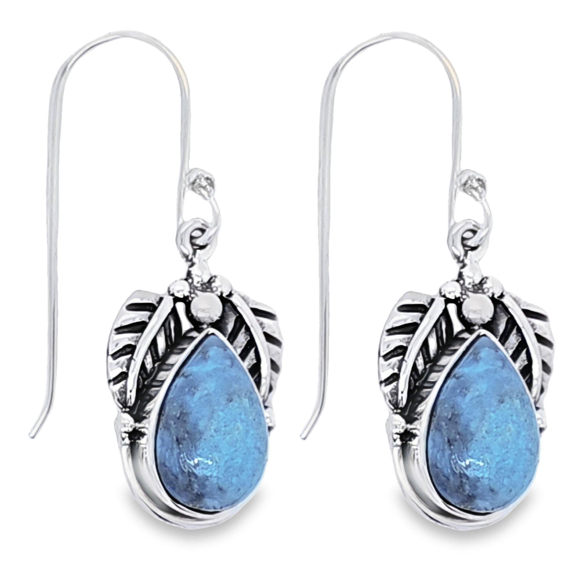 Genuine Cabochon Tear Drop Kingman Turquoise 925 Sterling Silver Earrings image