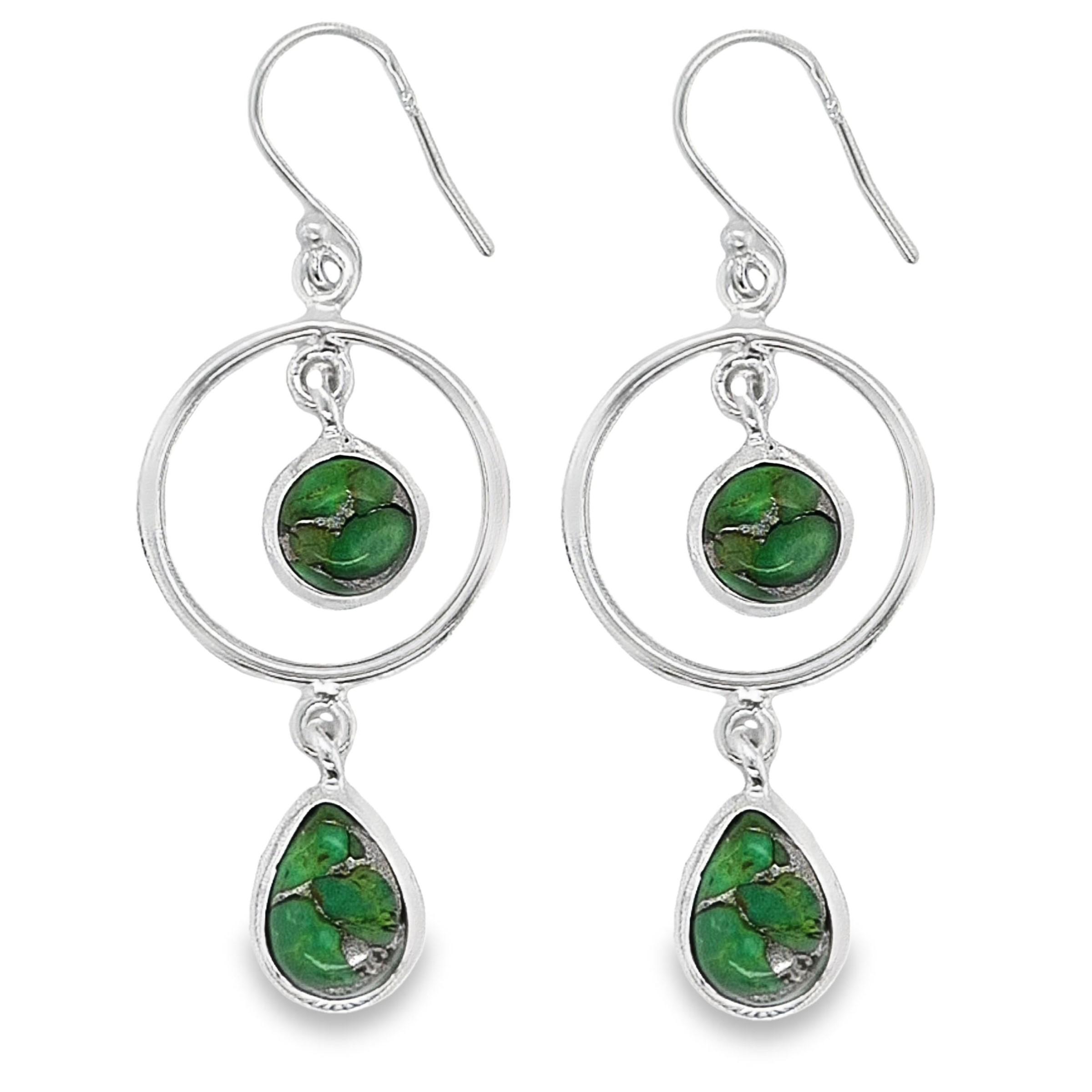 Sterling Silver Round & Tear Drop Genuine Cabochon Green Copper Turquoise Earrings image