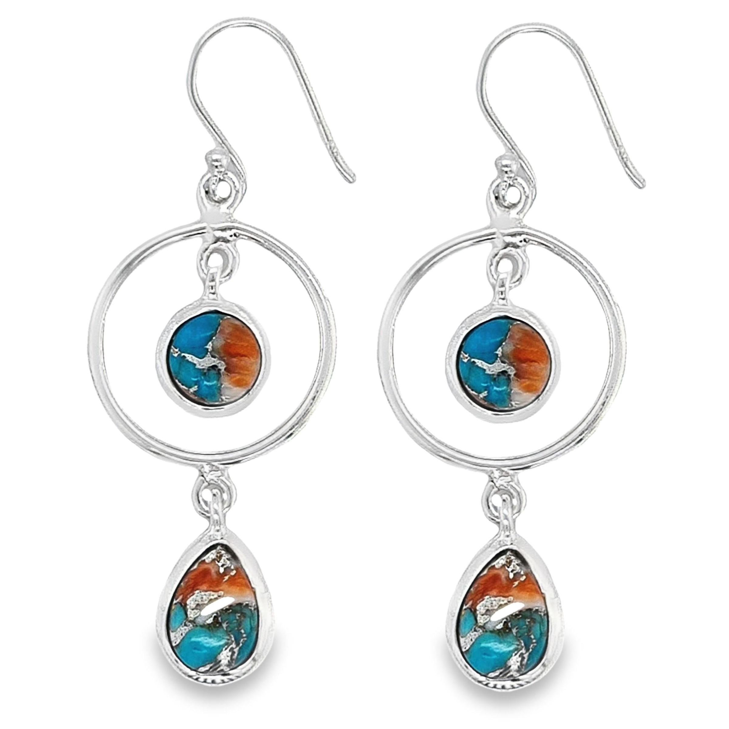 Sterling Silver Round & Tear Drop Genuine Cabochon Spiny Oyster Turquoise Earrings image