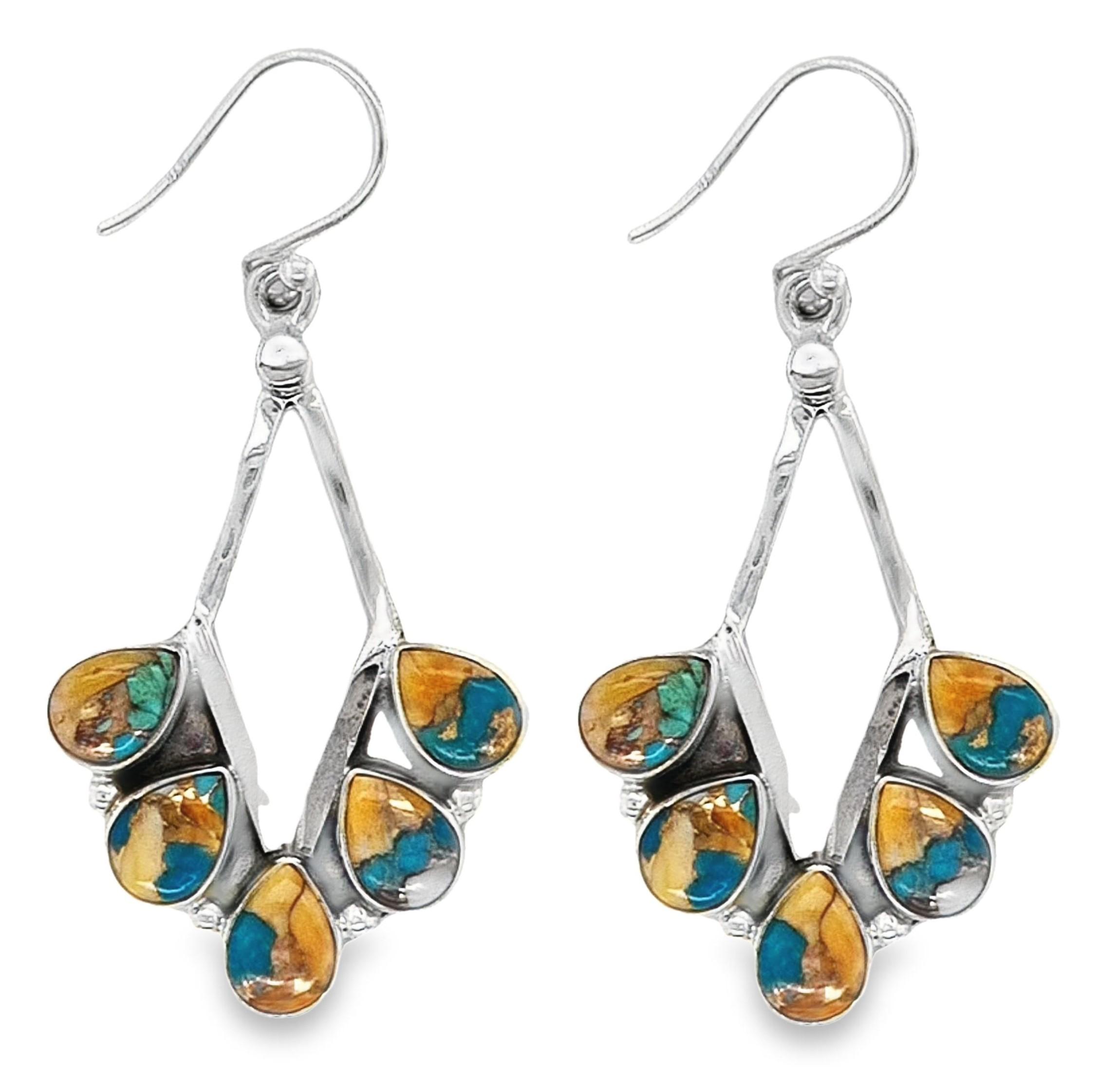 Sterling Silver Five Tear Drop Cabochon Genuine Spiny Oyster Turquoise Earrings image