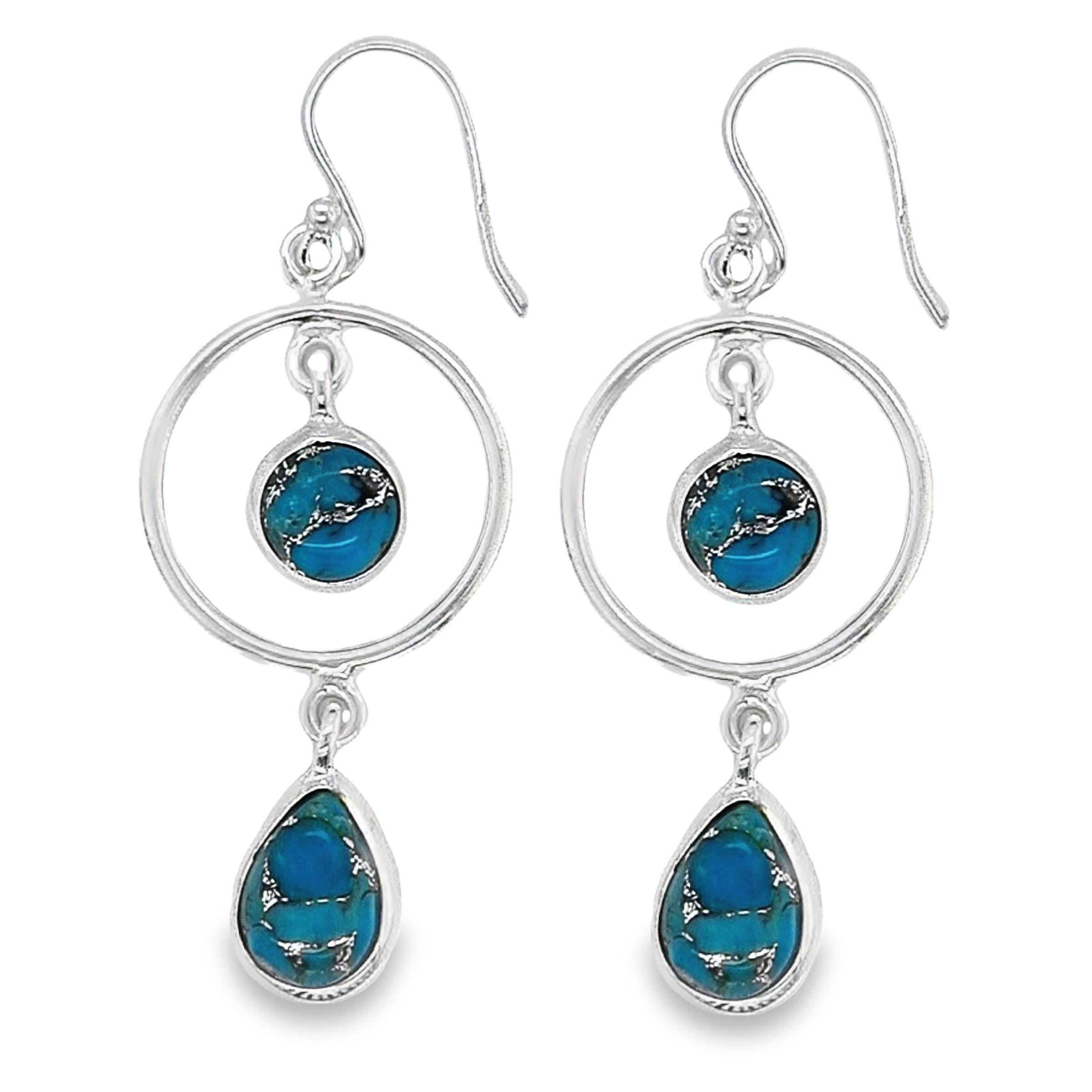 Sterling Silver Round & Tear Drop Genuine Blue Copper Turquoise Earrings image