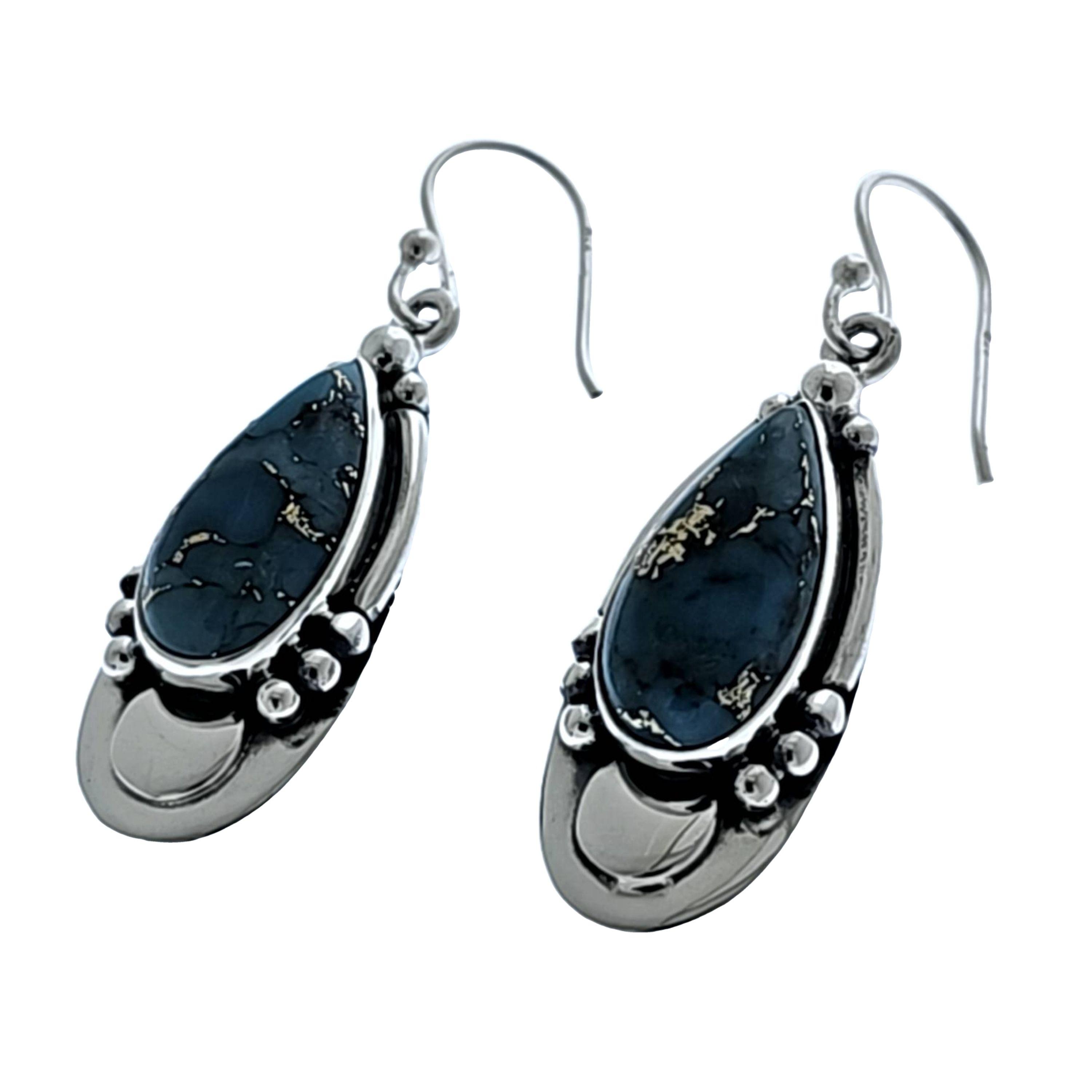 Genuine Cabochon Blue Copper Turquoise Tear Drop Sterling Silver Earrings image