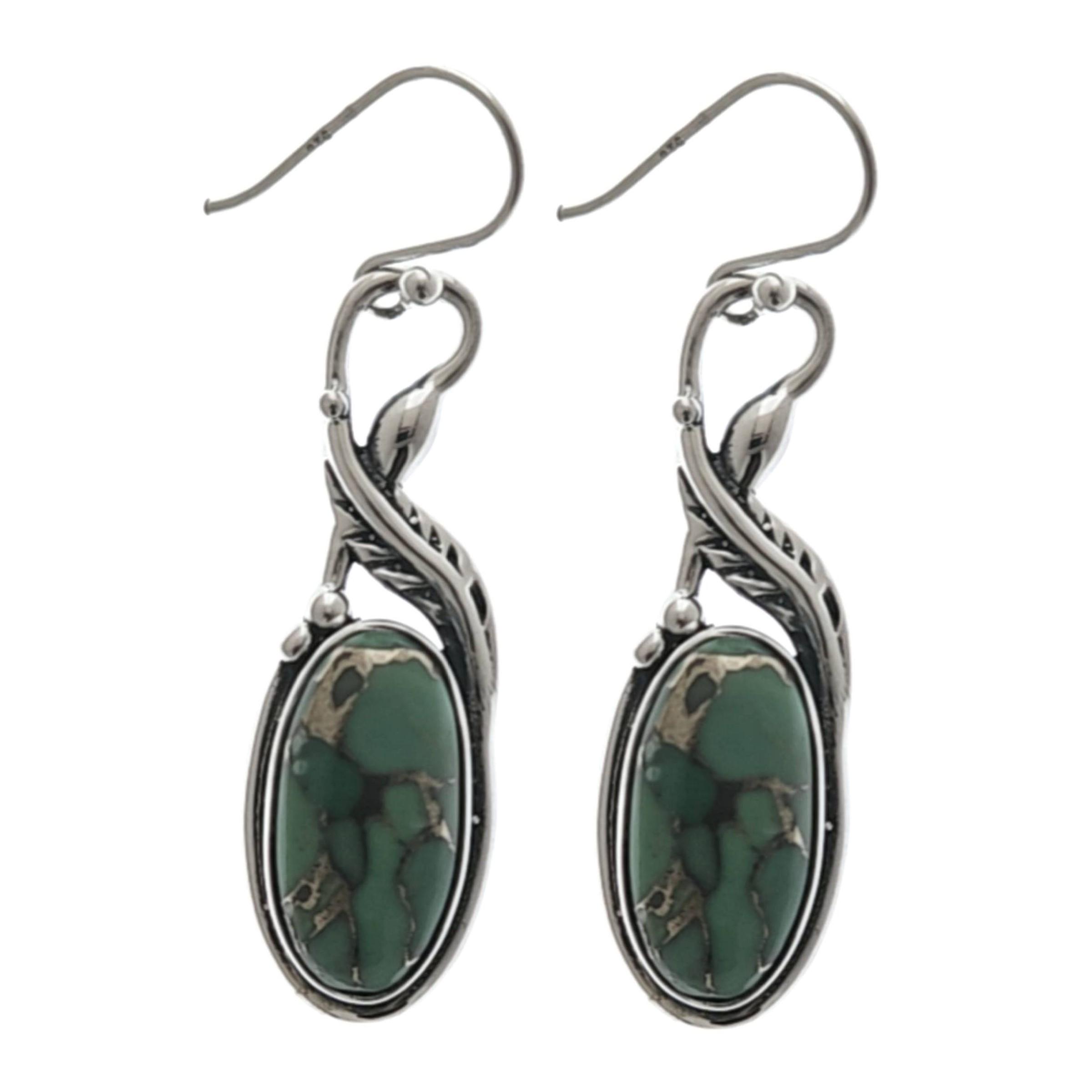 Genuine Oval Green Copper Turquoise 925 Sterling Silver Earrings image