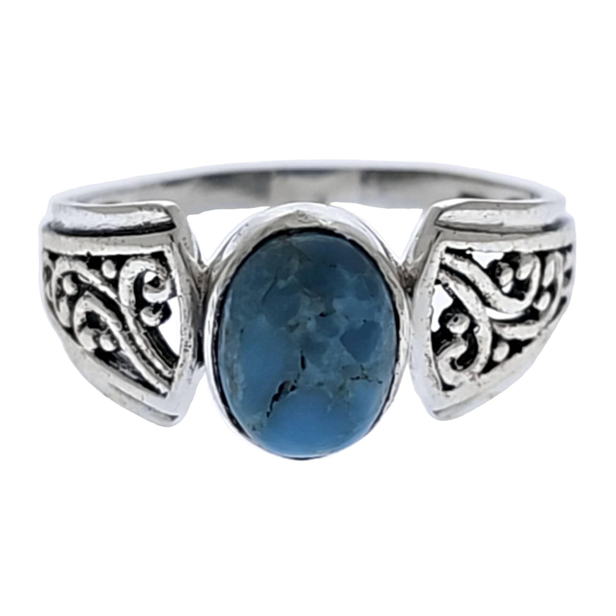 Sterling Silver Kingman Turquoise Ring - Oval with Ornate Band image