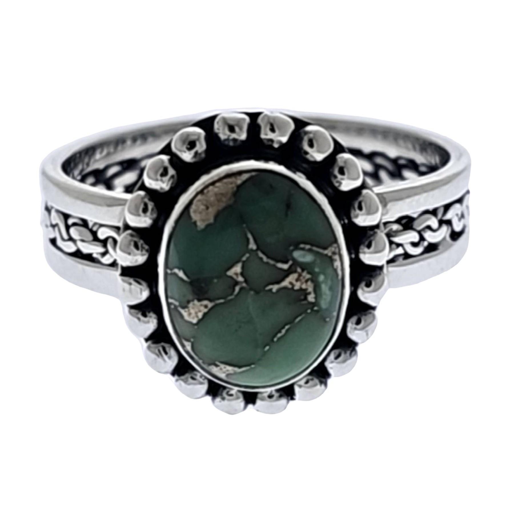 Sterling Silver Green Copper Turquoise Ring - Oval with Ornate Band image