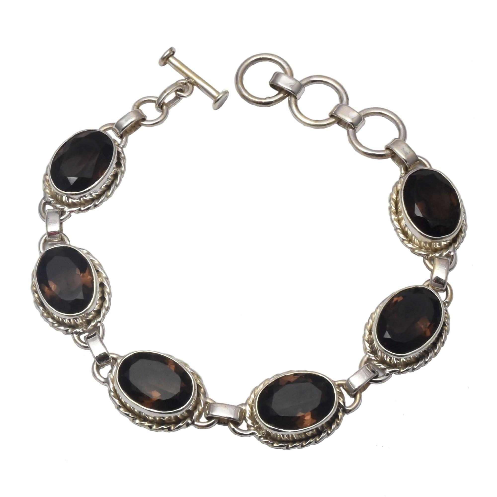 Sterling Silver Oval Faceted Smoky Quartz Gemstone Adjustable Bracelet (6.5 - 7.5 inches) image