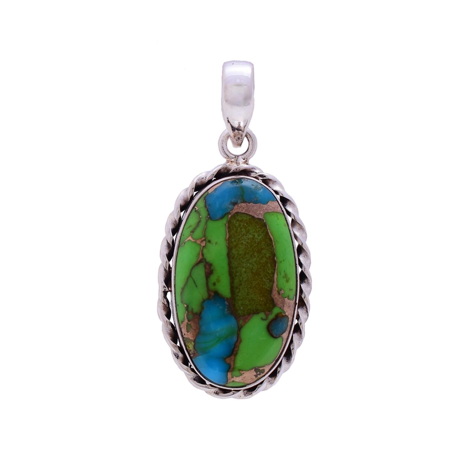 Sterling Silver Green Copper Turquoise Oval Pendant (INDP-275) image