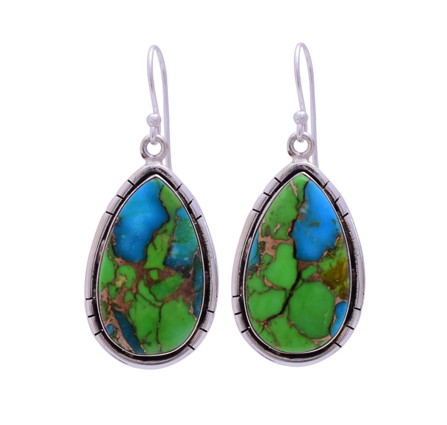 Sterling Silver Tear Drop Green Copper Turquoise Gemstone Earrings image