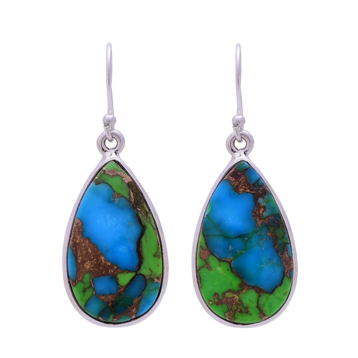 Sterling Silver Tear Drop Green Copper Turquoise Gemstone Earrings (INDE-307) image